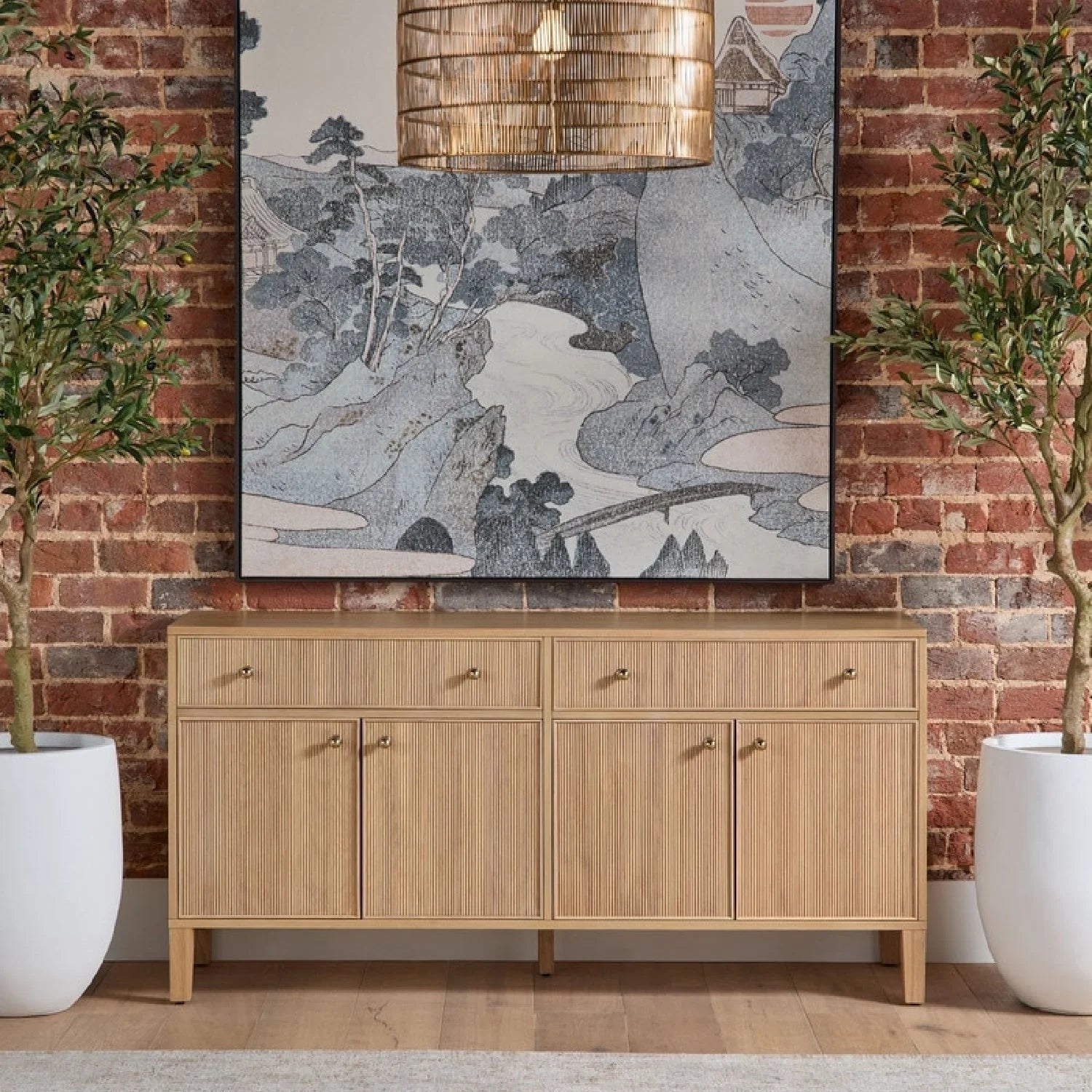 Luxury Fluted Solid Oak Sideboard European Style for Villa