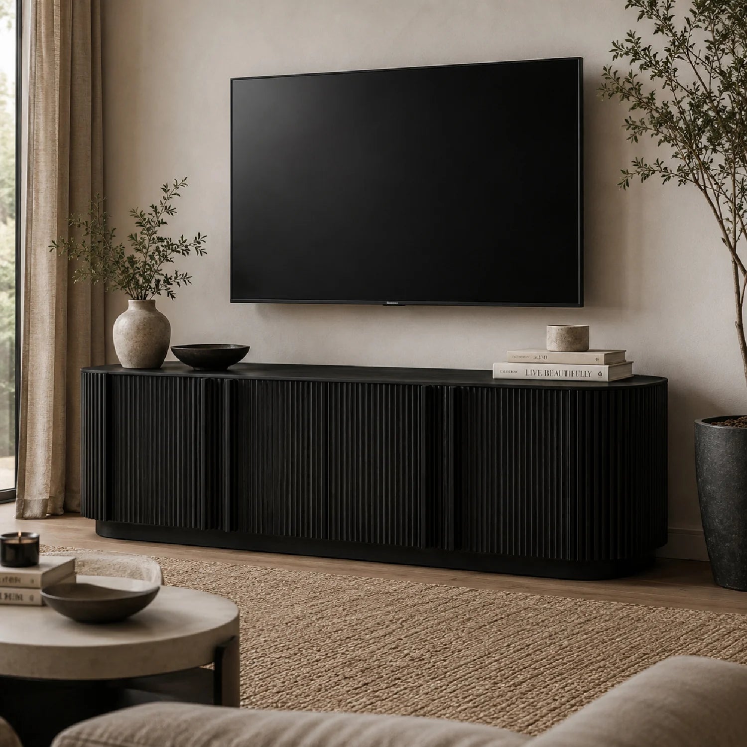 Luxury Fluted Tambour Door TV Stand Modern Italian Style for Villa