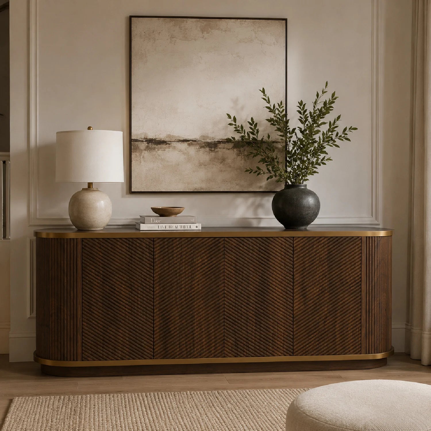 Luxury Fluted Walnut 4-Door Sideboard European Style for Villa