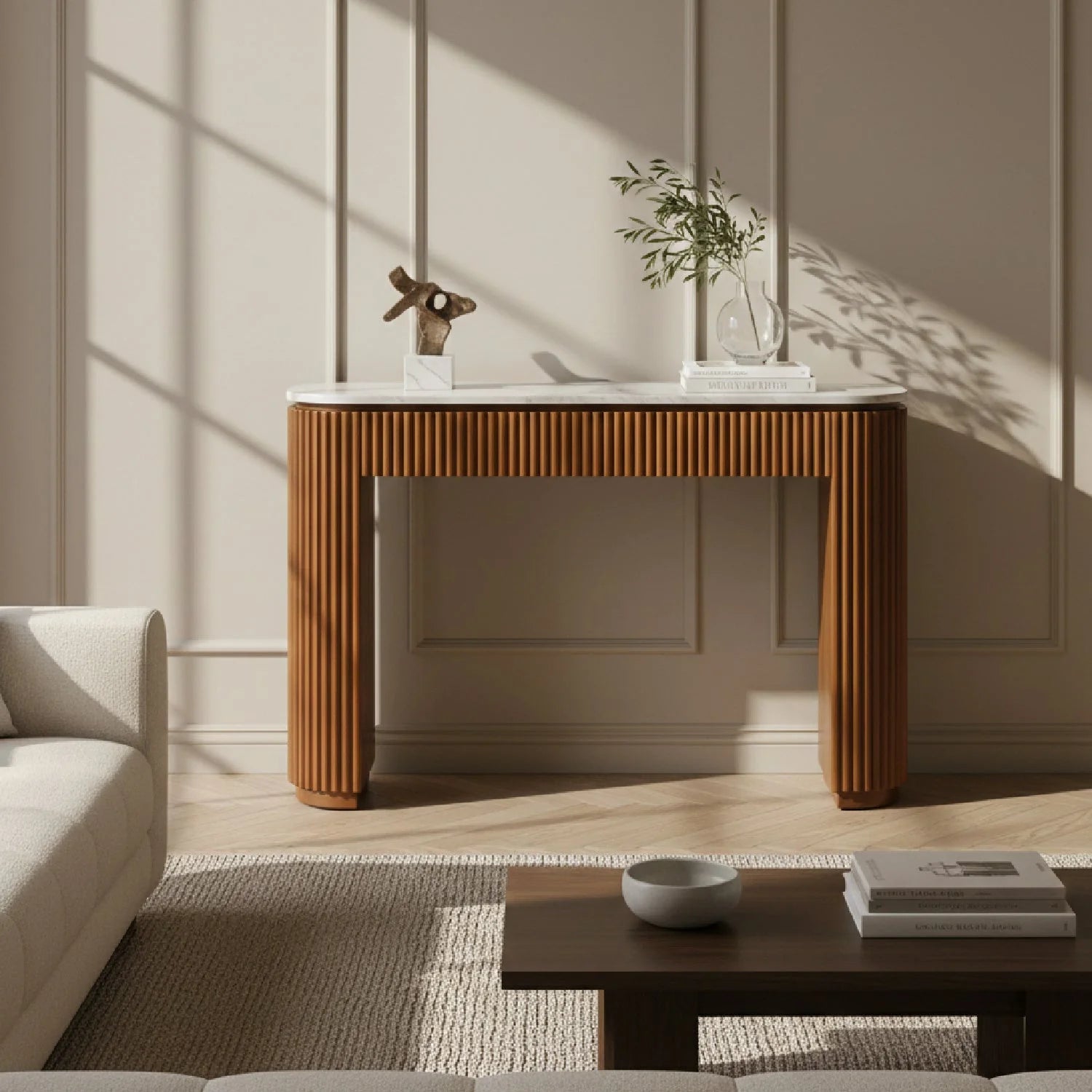 Luxury Fluted Wood Base Console Table Modern Italian Style for Villa