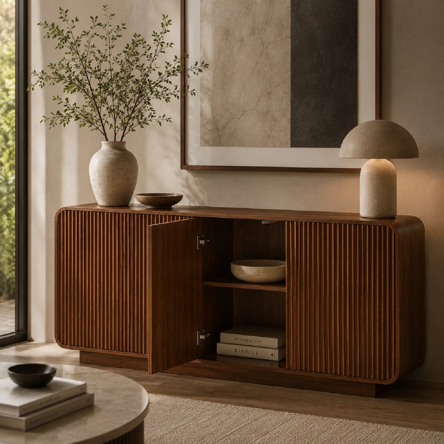 Luxury Fluted Wood Entryway Sideboard European Style for Villa