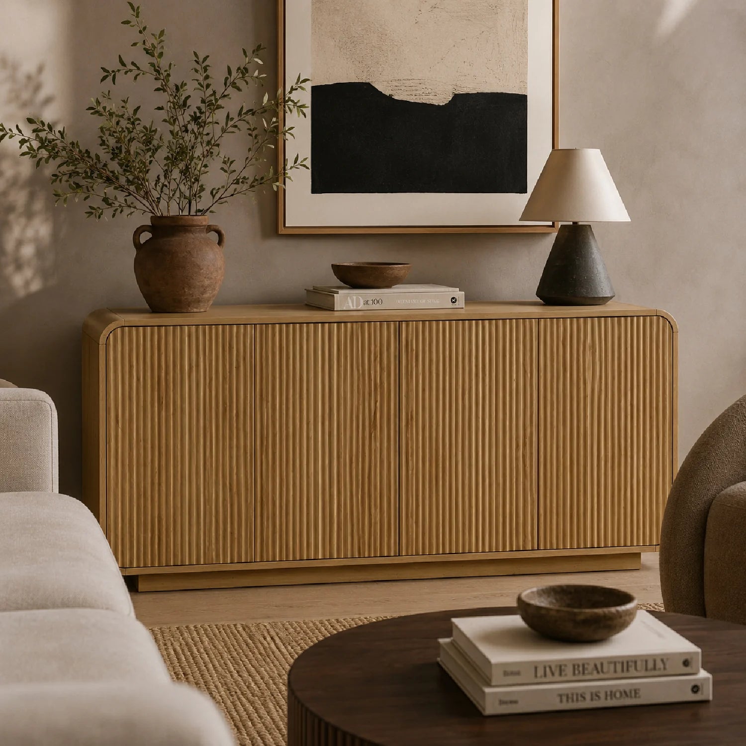 Luxury Fluted Wooden 4-Door Sideboard European Style for Villa