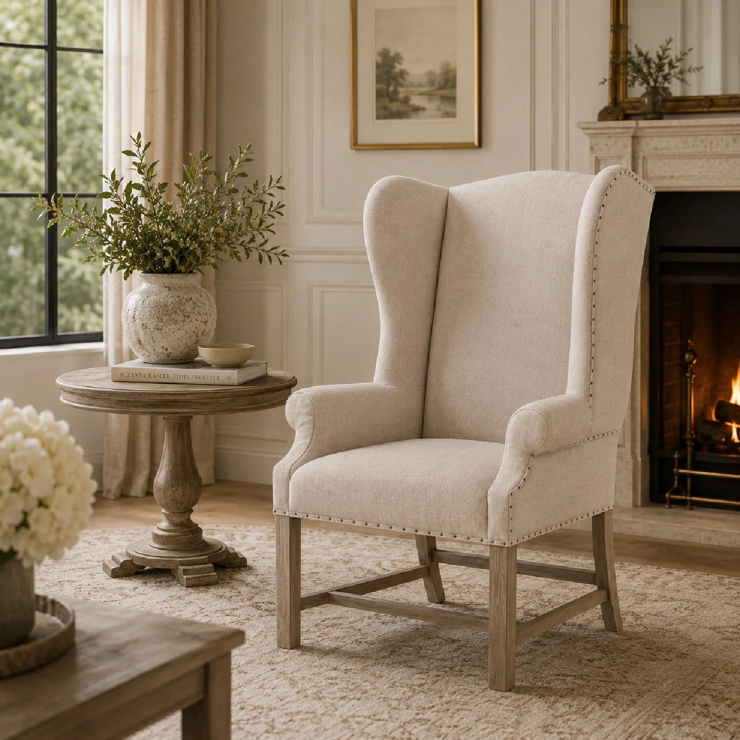 Luxury French Linen Wingback Armchair Modern Italian Style for Villa