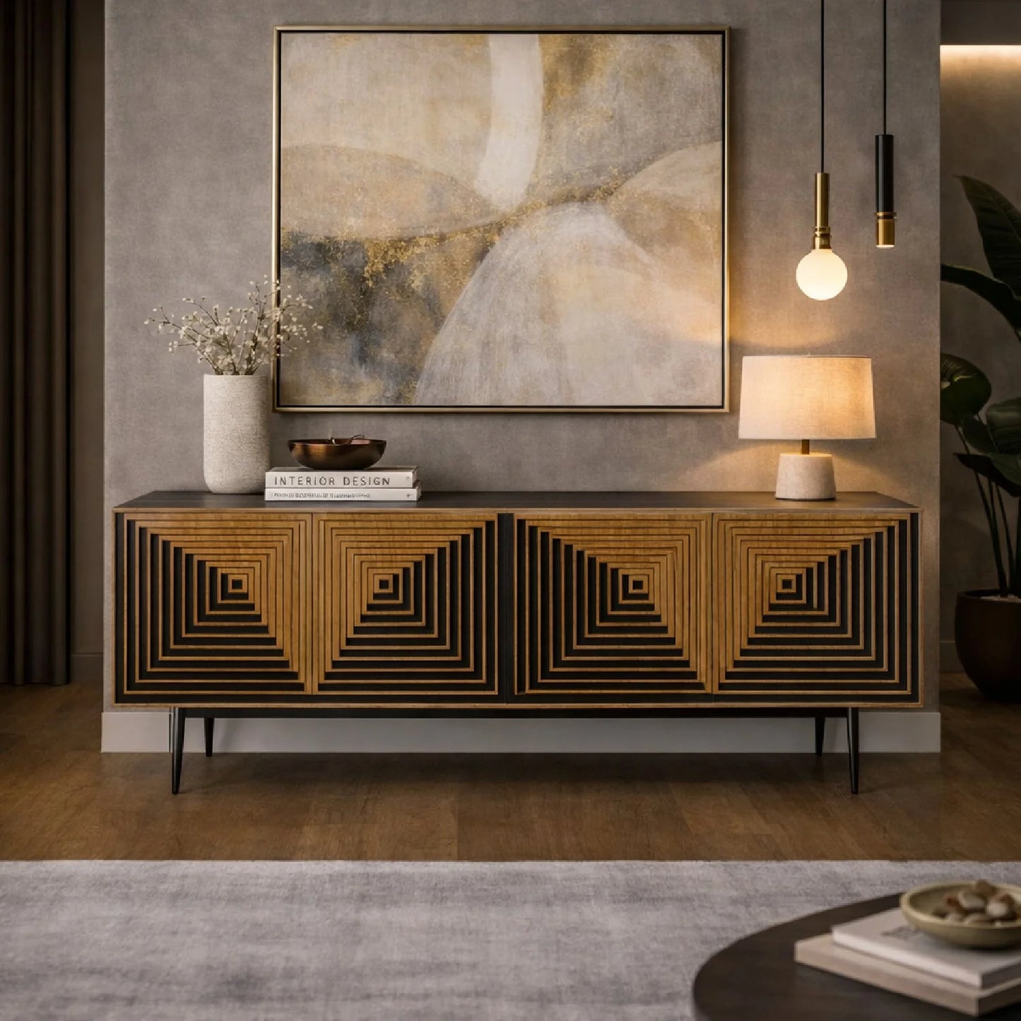 Luxury Geometric Patterned Oak Sideboard European Style for Villa