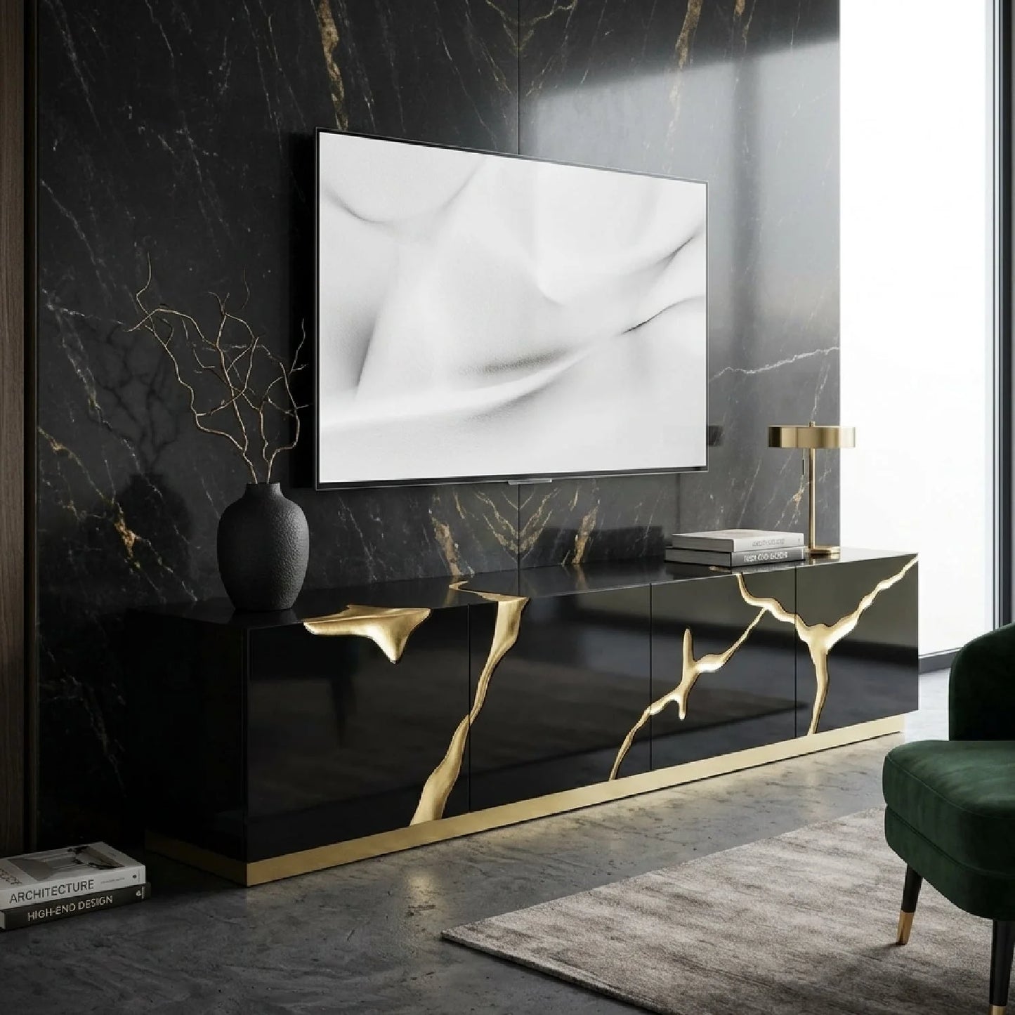 Luxury Gloss Black TV Stand Modern Italian Style for Villa