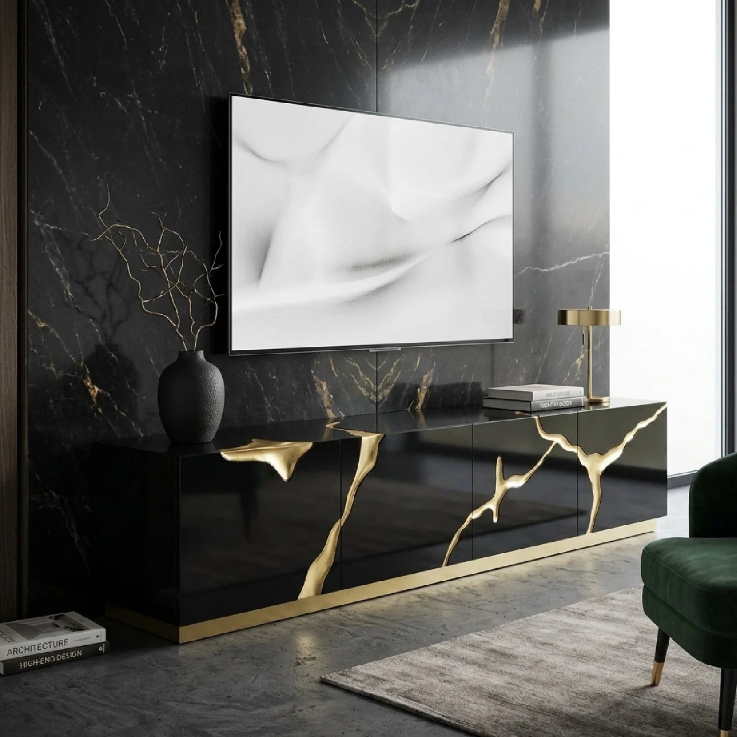 Luxury Gloss Black TV Stand Modern Italian Style for Villa