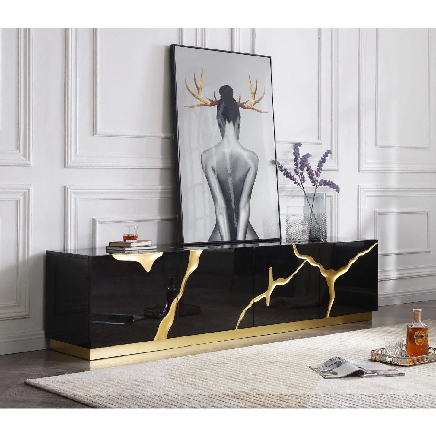 Luxury Gloss Black TV Stand Modern Italian Style for Villa