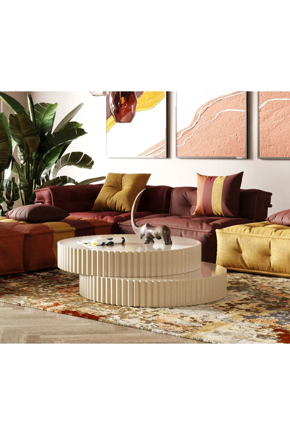 Luxury Glossy Taupe Fluted Coffee Table Modern Italian Style for Villa