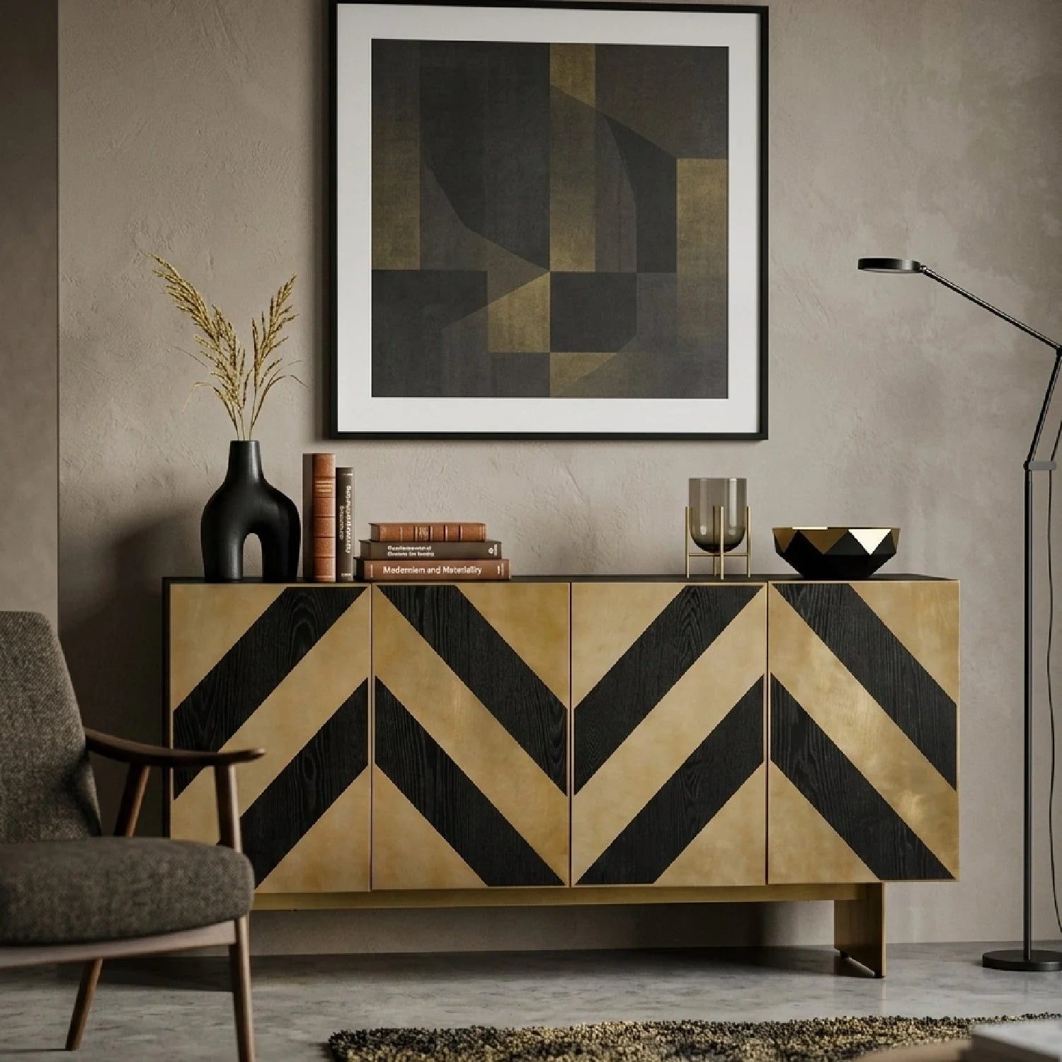 Luxury Gold Chevron Modern Buffet Sideboard European Style for Villa