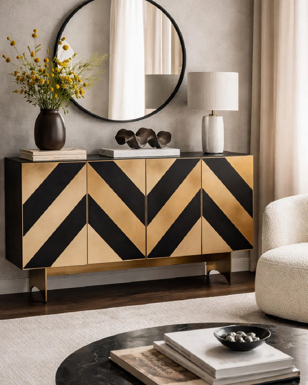 Luxury Gold Chevron Modern Buffet Sideboard European Style for Villa
