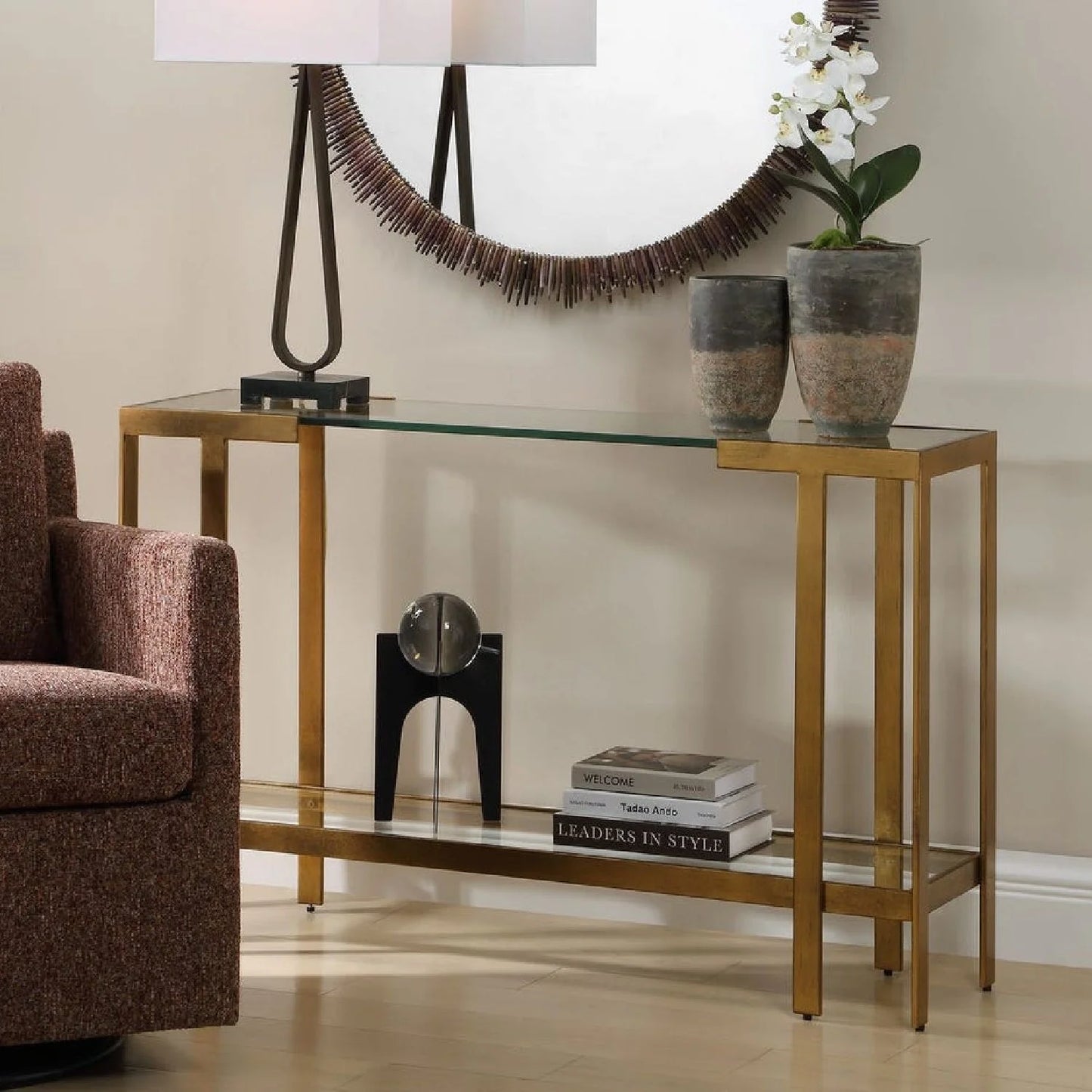 Luxury Gold Framed Glass Console Table Modern Italian Style for Villa