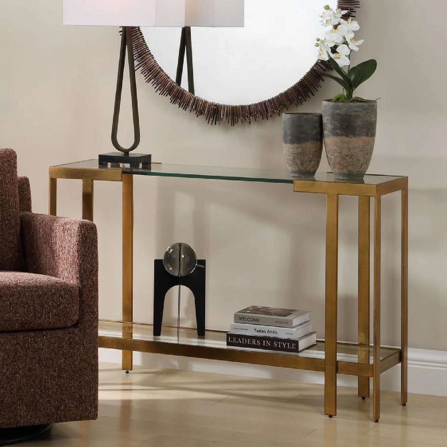 Luxury Gold Framed Glass Console Table Modern Italian Style for Villa