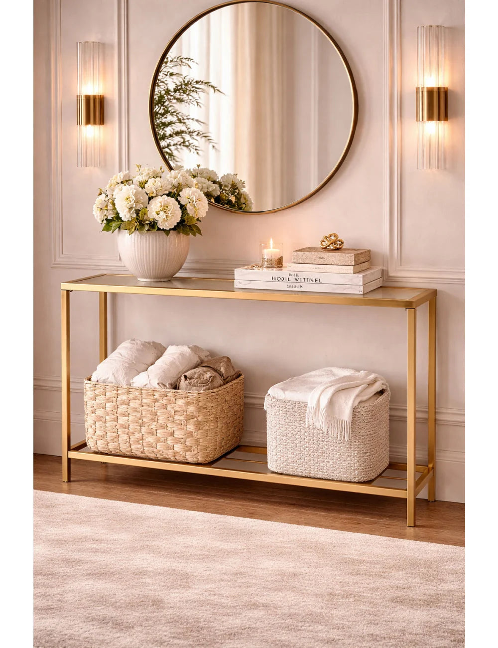 Luxury Gold Framed Glass Console Table Modern Italian Style for Villa