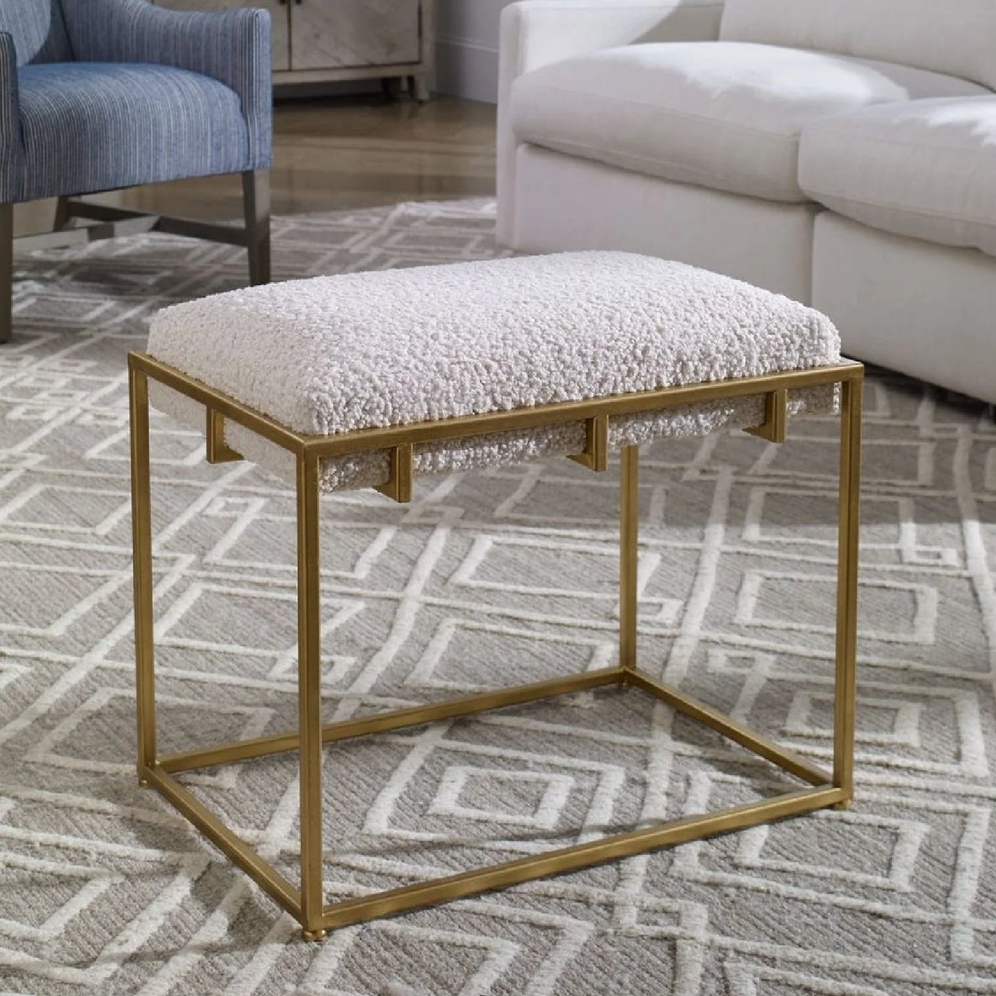 Luxury Gold Framed Shearling Bench European Style for Villa