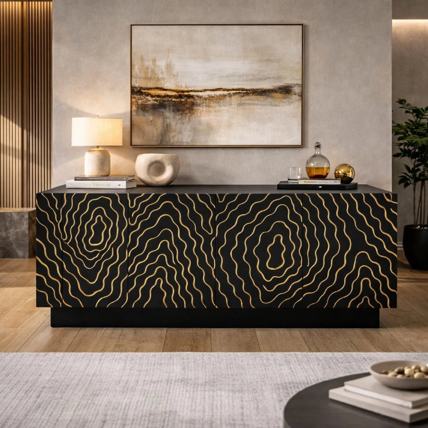 Luxury Gold Inlaid 4-Door Sideboard European Style for Villa