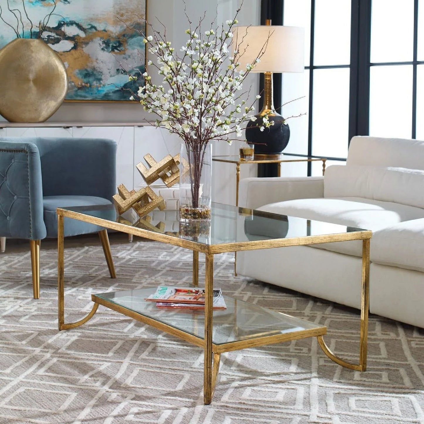 Luxury Gold Leaf Rectangular Coffee Table Modern Italian Style for Villa