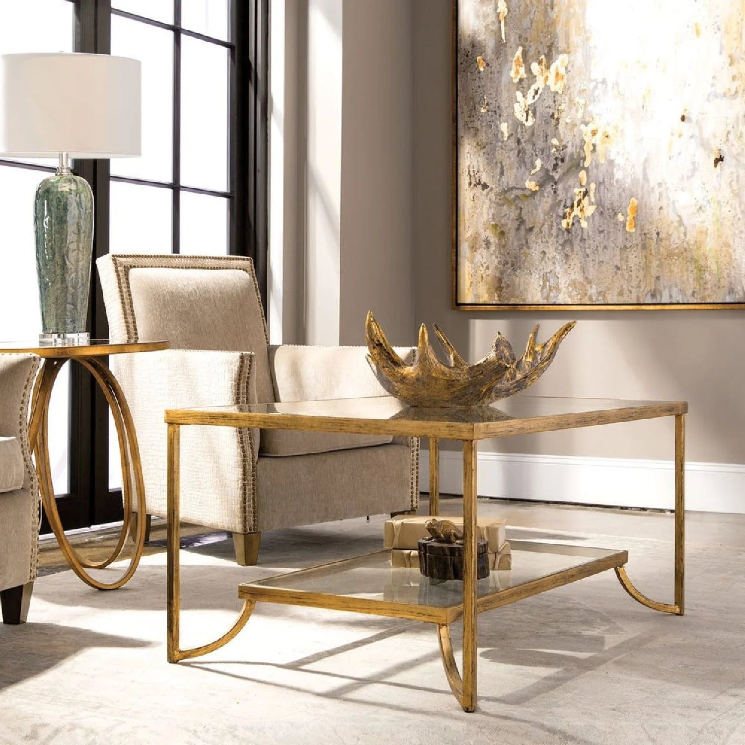 Luxury Gold Leaf Rectangular Coffee Table Modern Italian Style for Villa