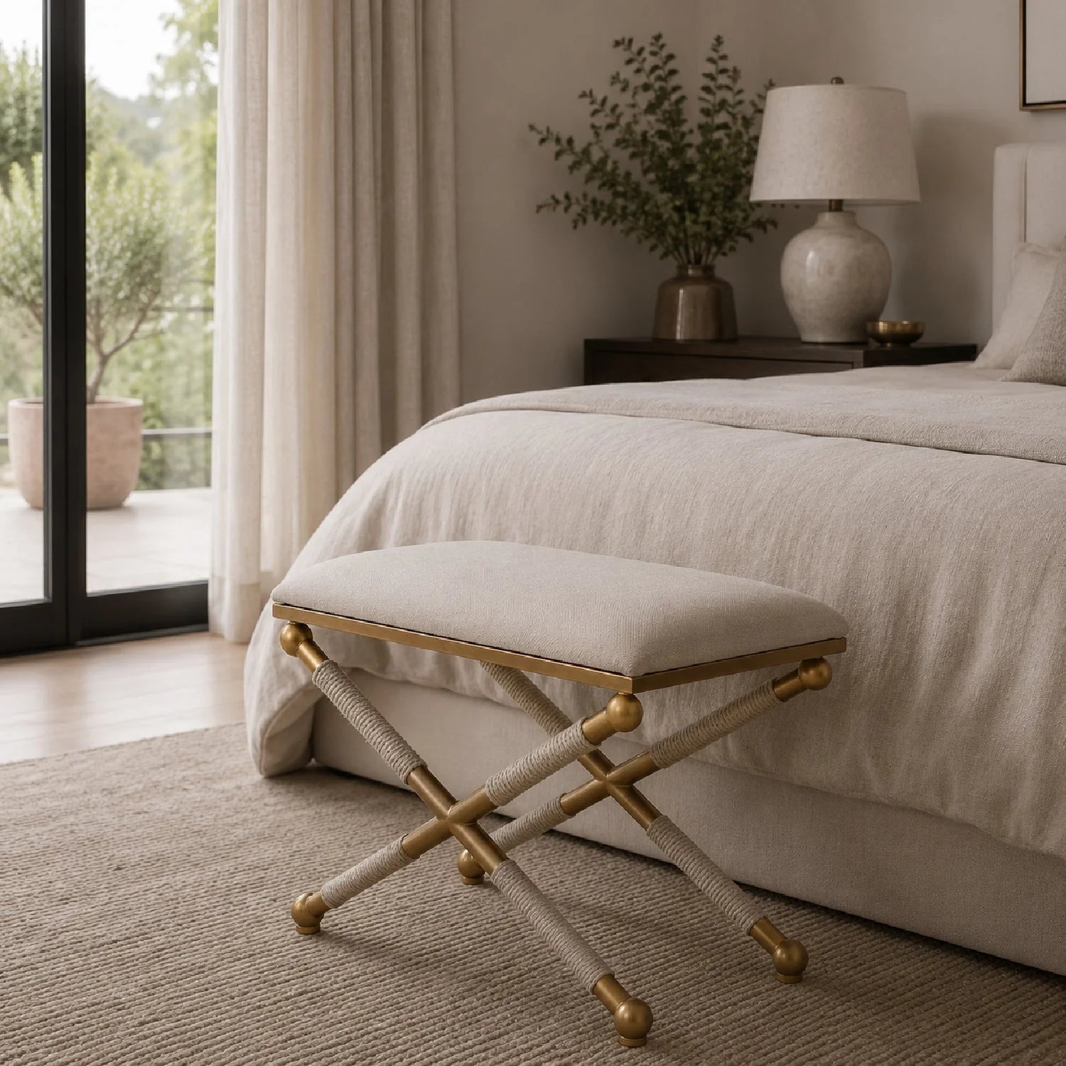 Luxury Gold Leaf White Fabric Bench European Style for Villa