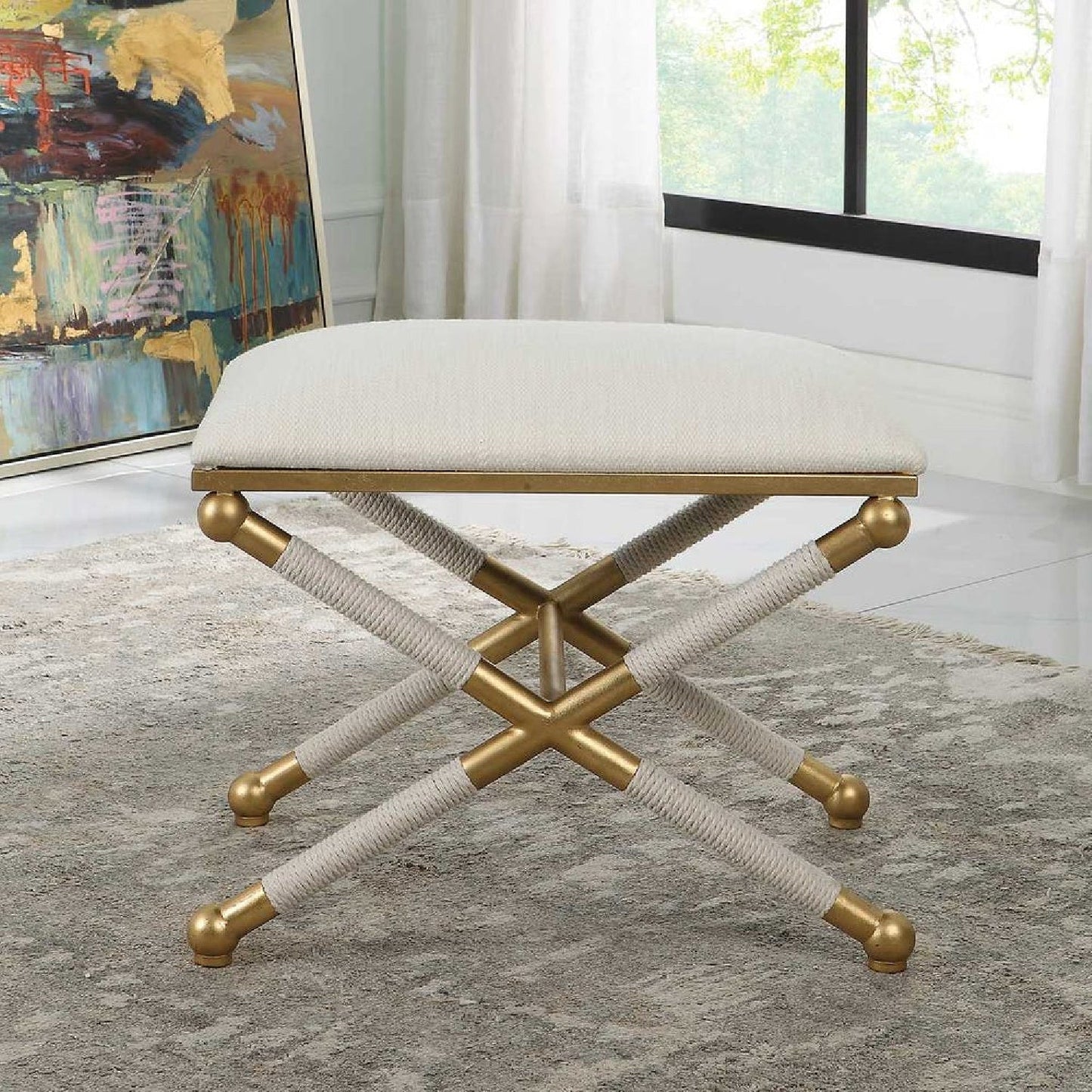 Luxury Gold Leaf White Fabric Bench European Style for Villa