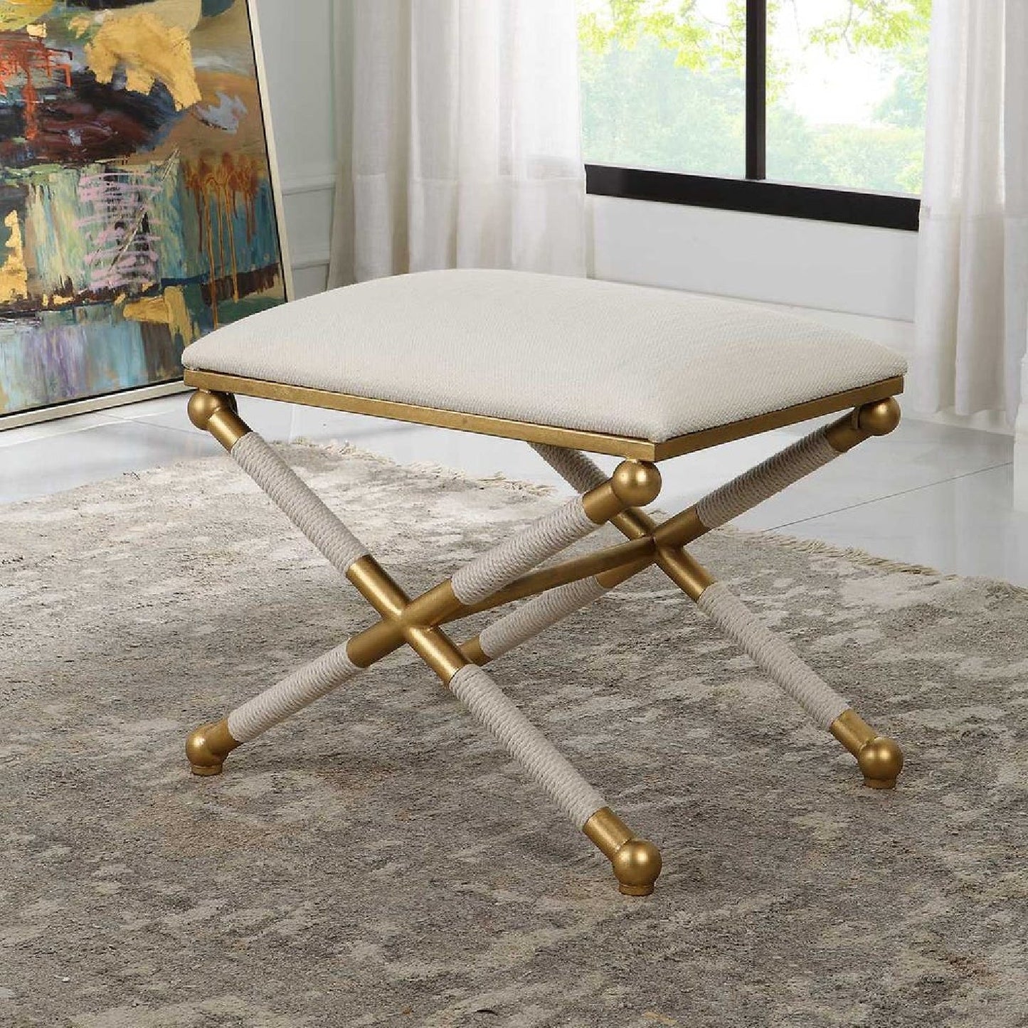 Luxury Gold Leaf White Fabric Bench European Style for Villa