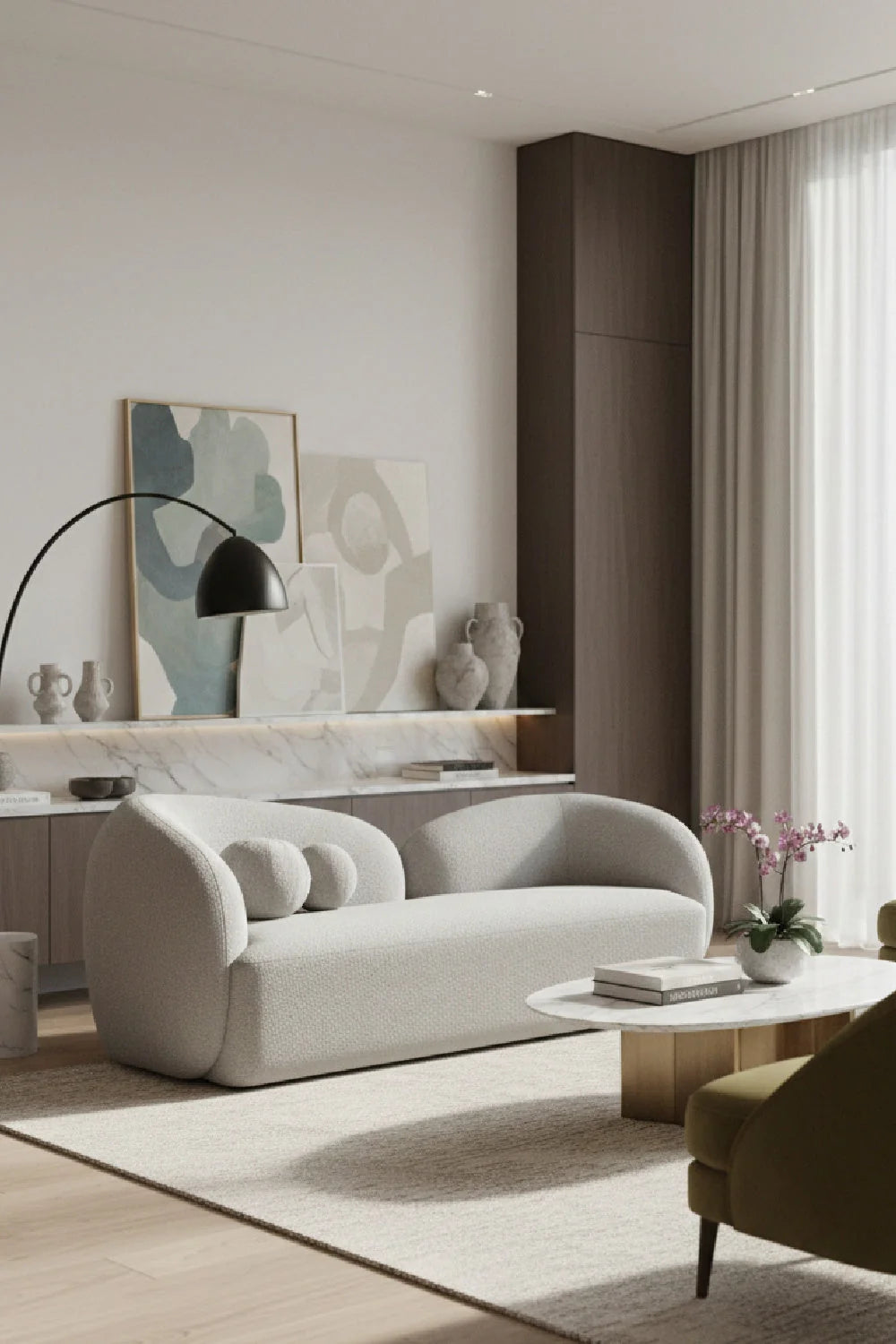 Luxury Gray Boucle Curved Sofa Modern Italian Style for Villa