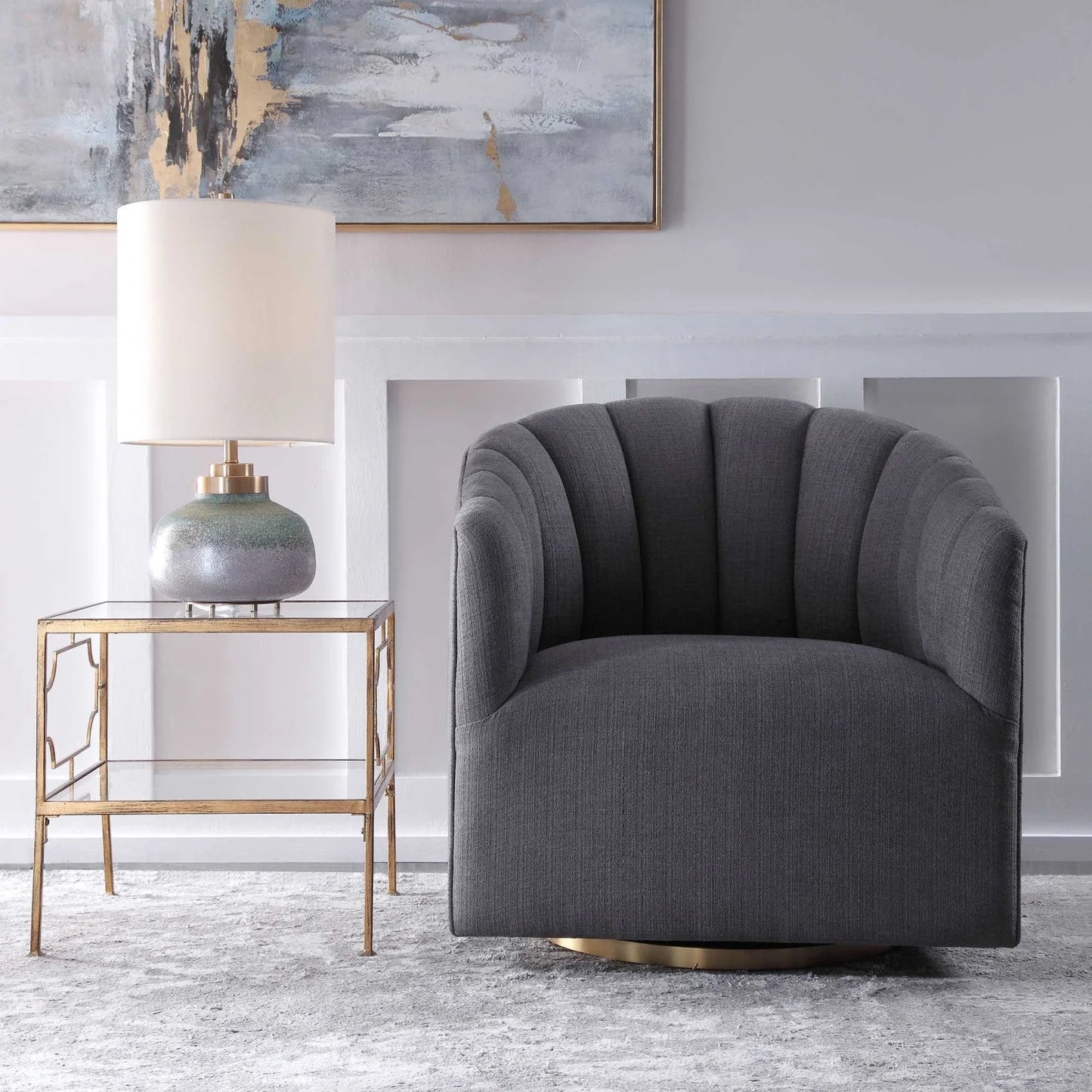 Luxury Gray Channel-Tufted Swivel Chair European Style for Villa