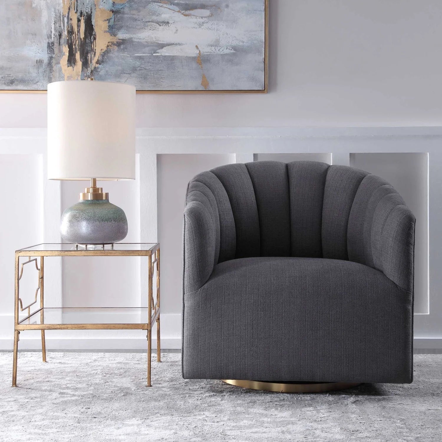 Luxury Gray Channel-Tufted Swivel Chair European Style for Villa