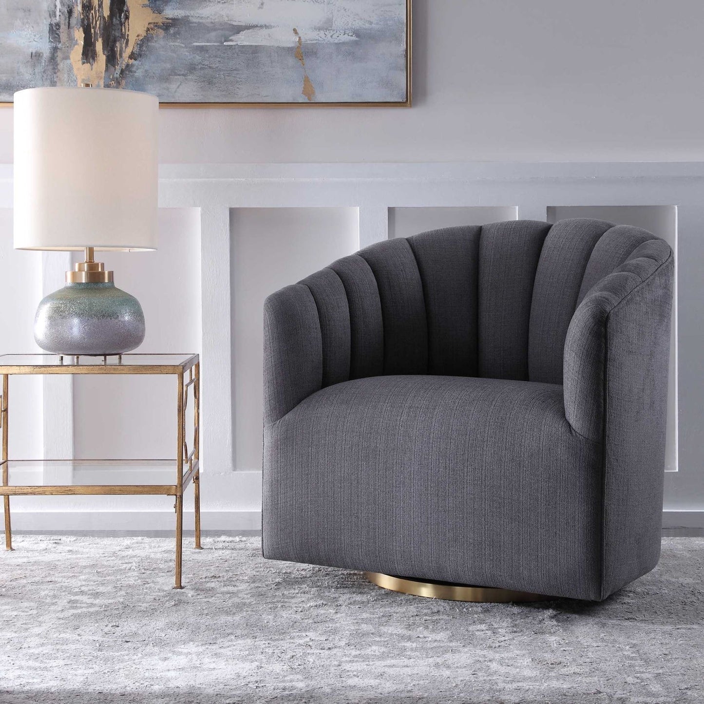 Luxury Gray Channel-Tufted Swivel Chair European Style for Villa
