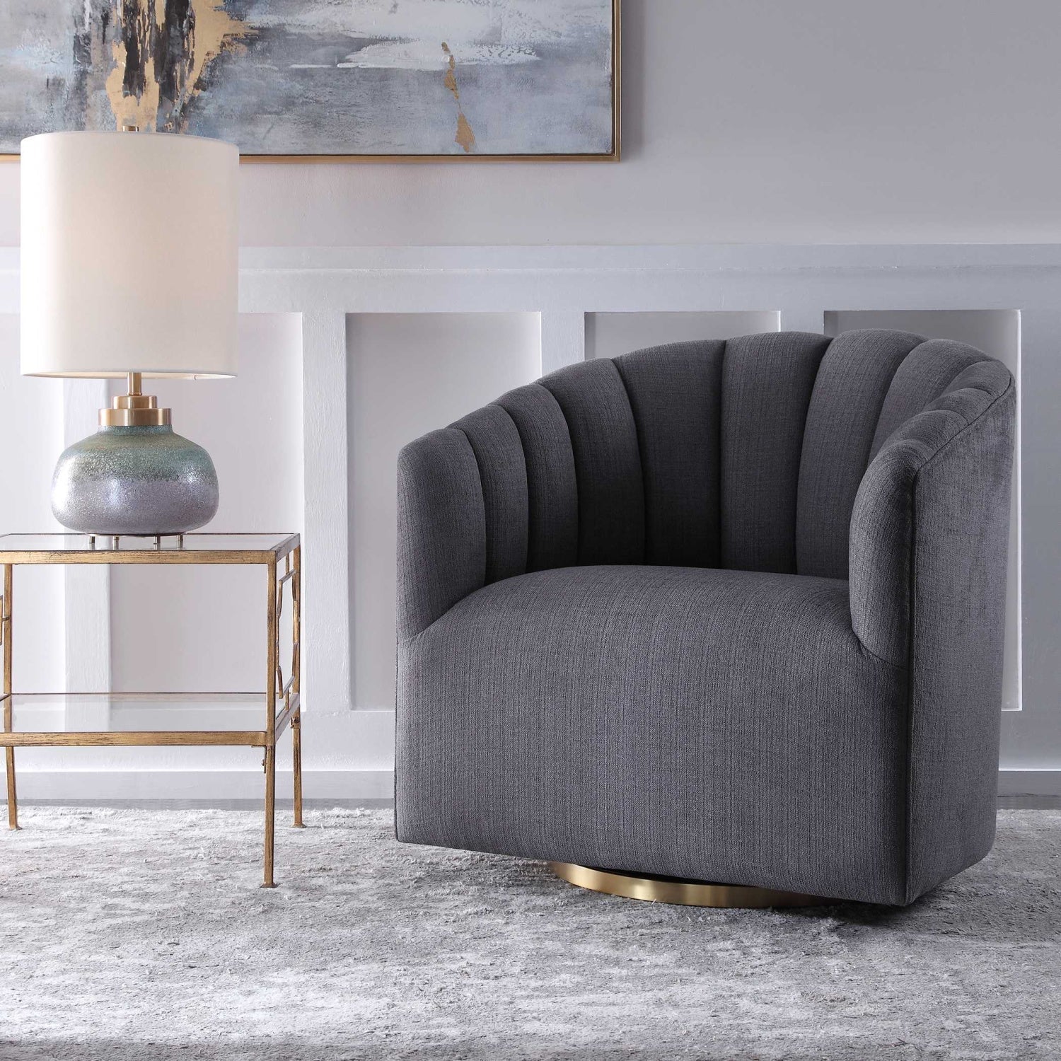 Luxury Gray Channel-Tufted Swivel Chair European Style for Villa
