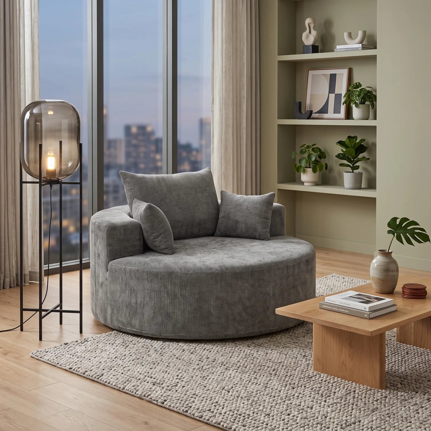 Luxury Gray Chenille Fabric Single Sofa Modern Italian Style for Villa
