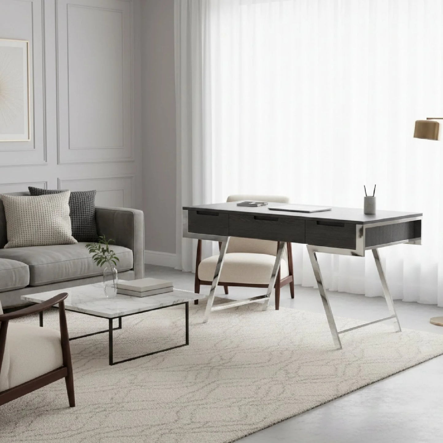 Luxury Gray Elm 3-Drawer Modern Desk European Style for Villa