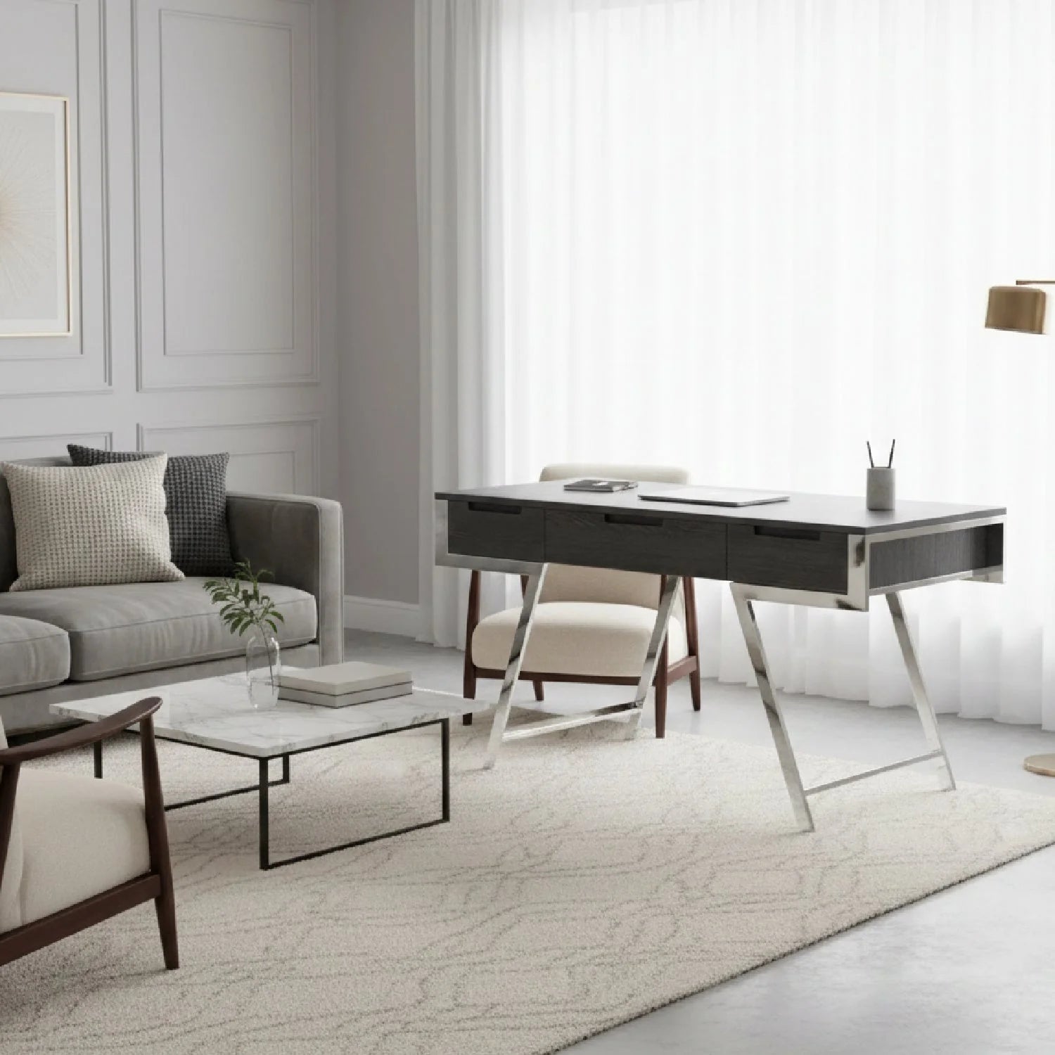 Luxury Gray Elm 3-Drawer Modern Desk European Style for Villa