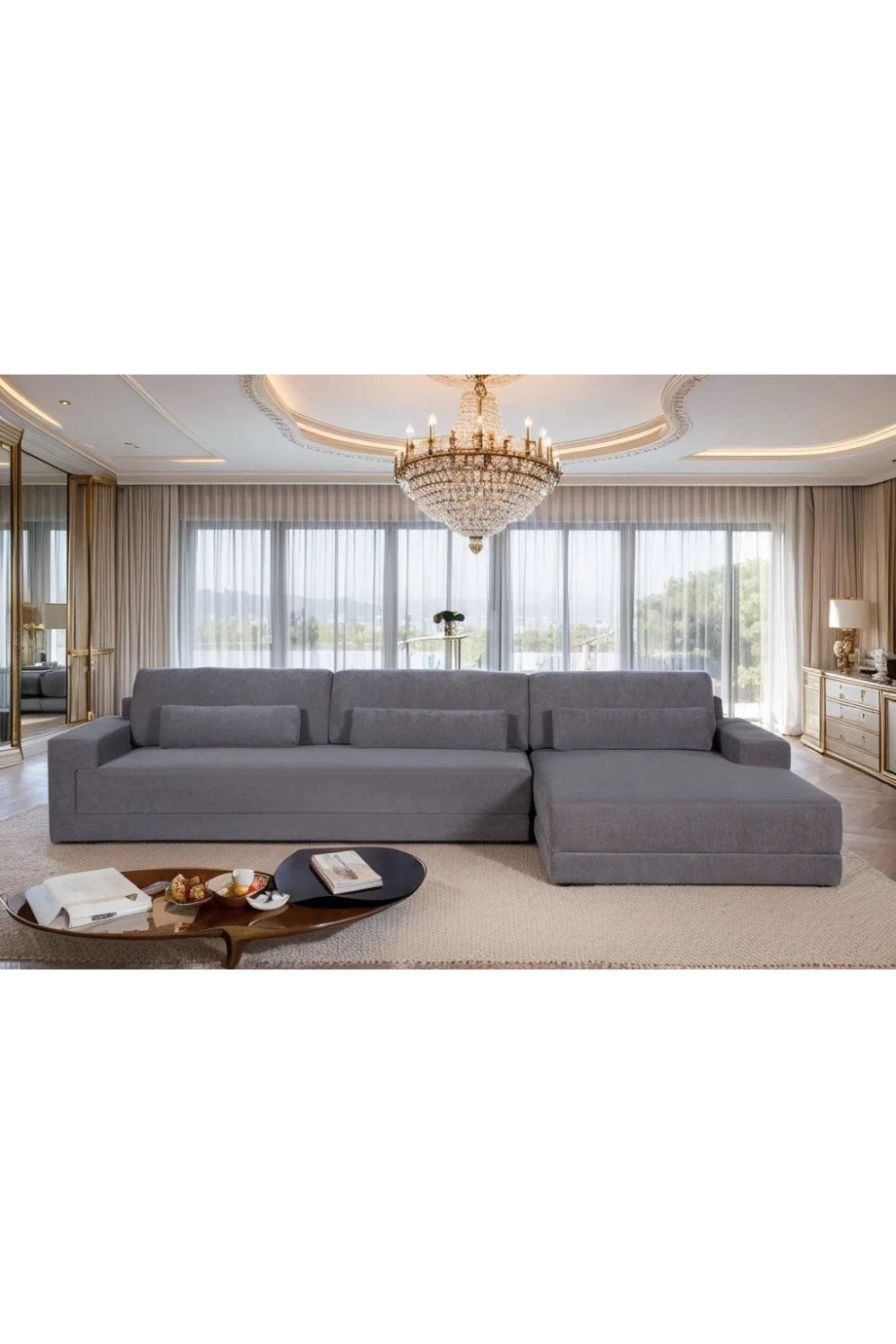 Luxury Gray Fabric Right-Facing Sectional Sofa Modern Italian Style for Villa