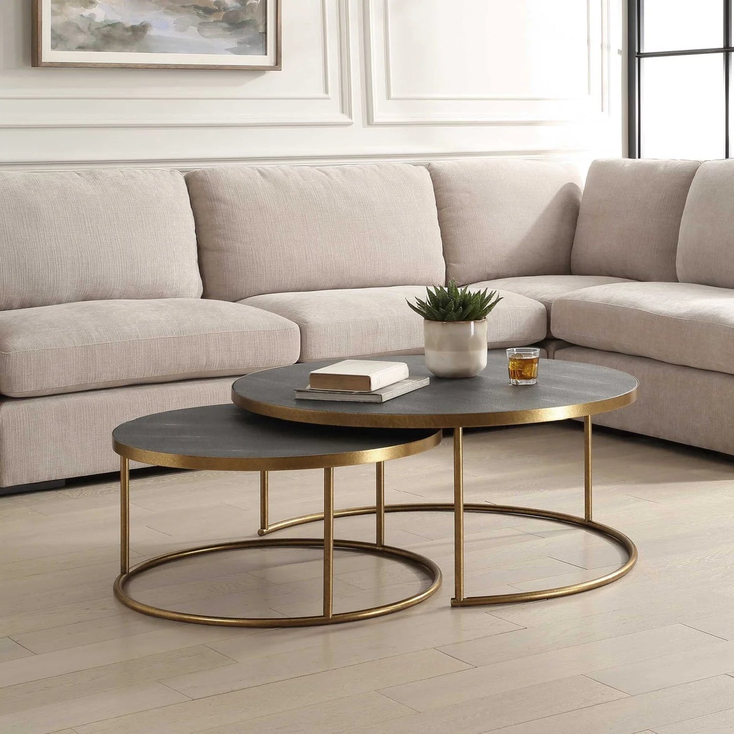 Luxury Gray Shagreen Nesting Coffee Tables Modern Italian Style for Villa