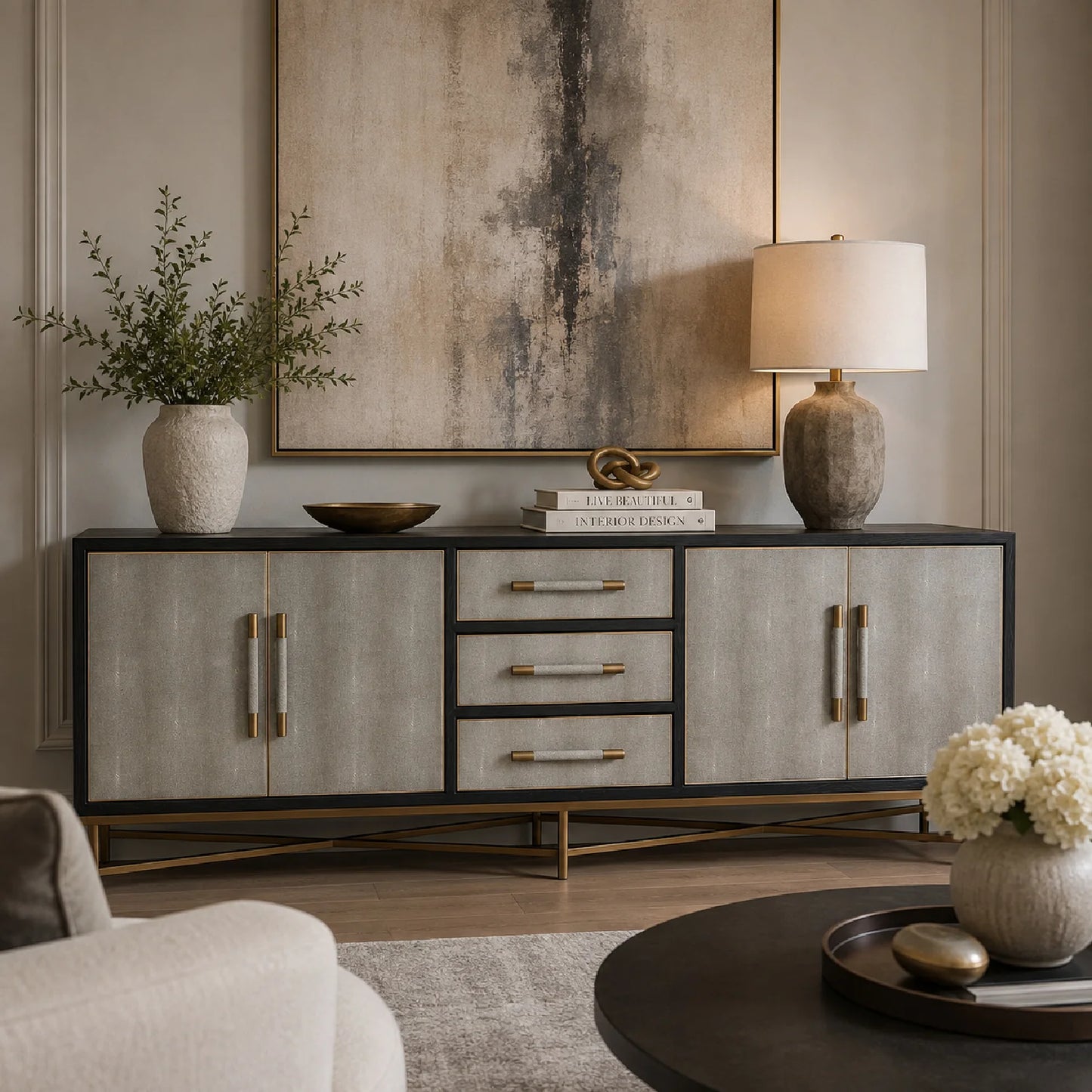 Luxury Gray Shagreen Vegan Leather Sideboard European Style for Villa