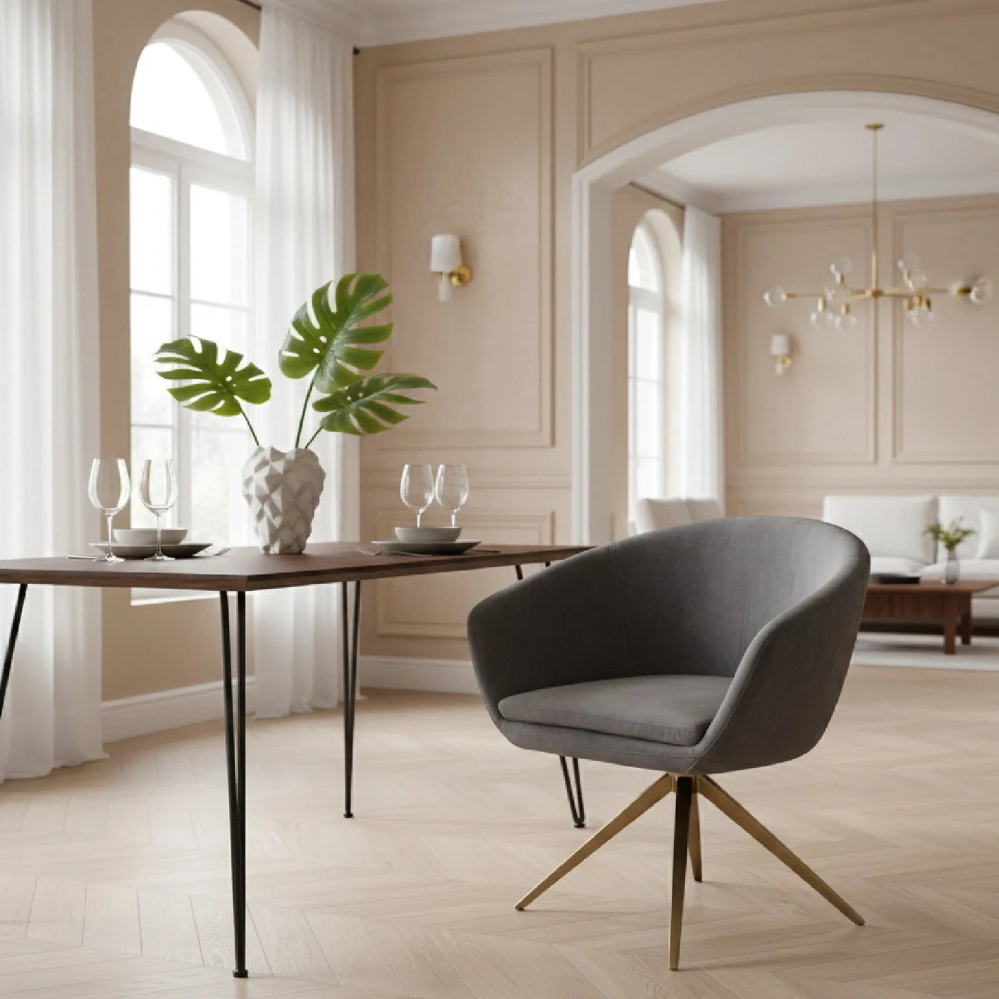 Luxury Gray Velvet Curved Modern Dining Chair European Style for Villa