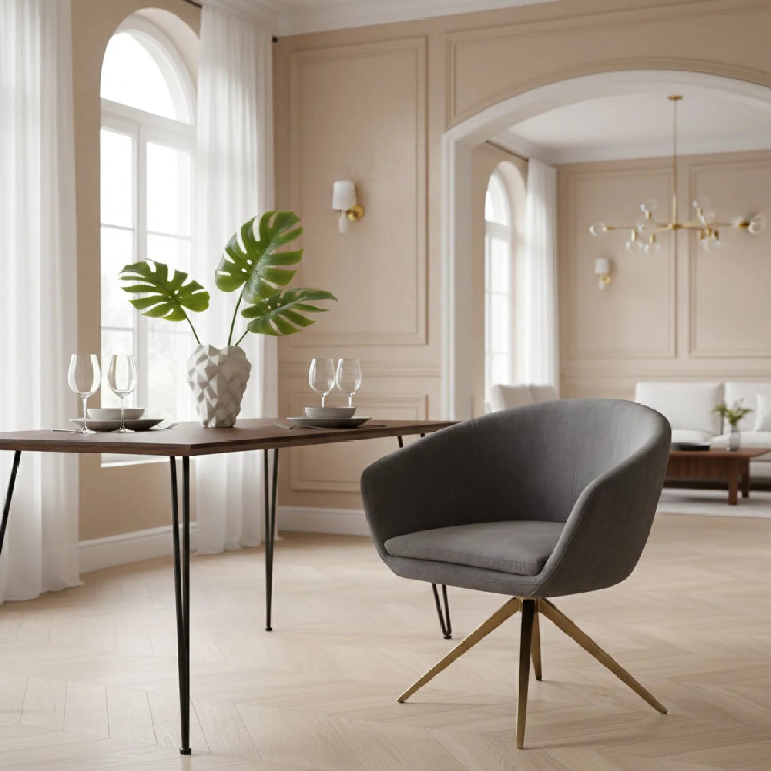 Luxury Gray Velvet Curved Modern Dining Chair European Style for Villa