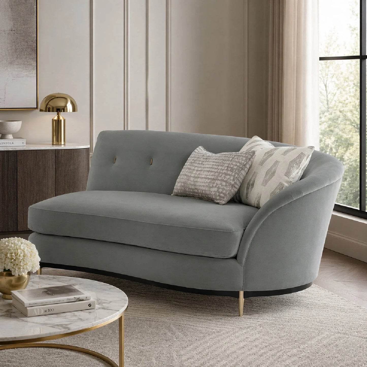 Luxury Gray Velvet Right-Armed Loveseat Modern Italian Style for Villa