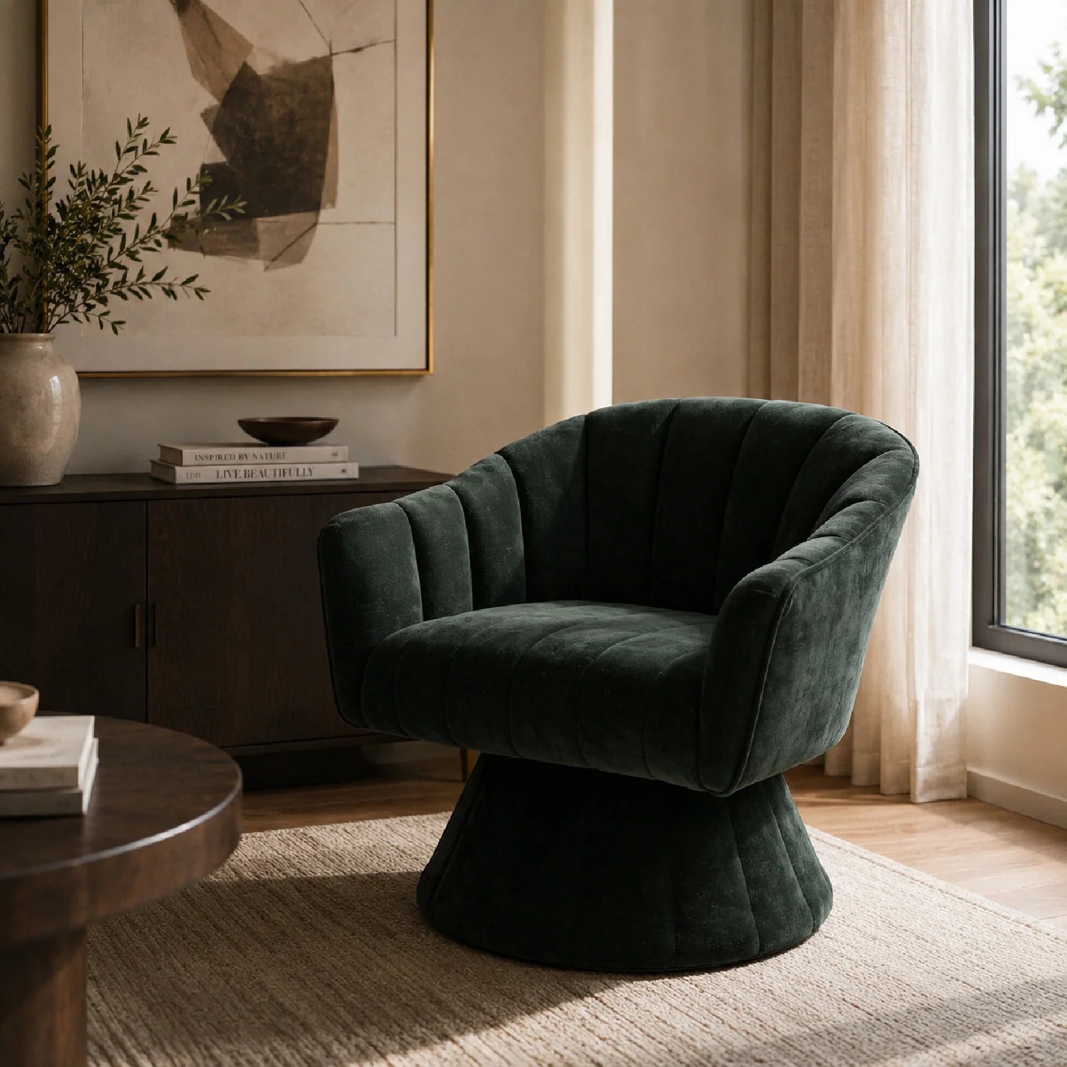 Luxury Green Channel Tufted Barrel Swivel Chair Modern Italian Style for Villa