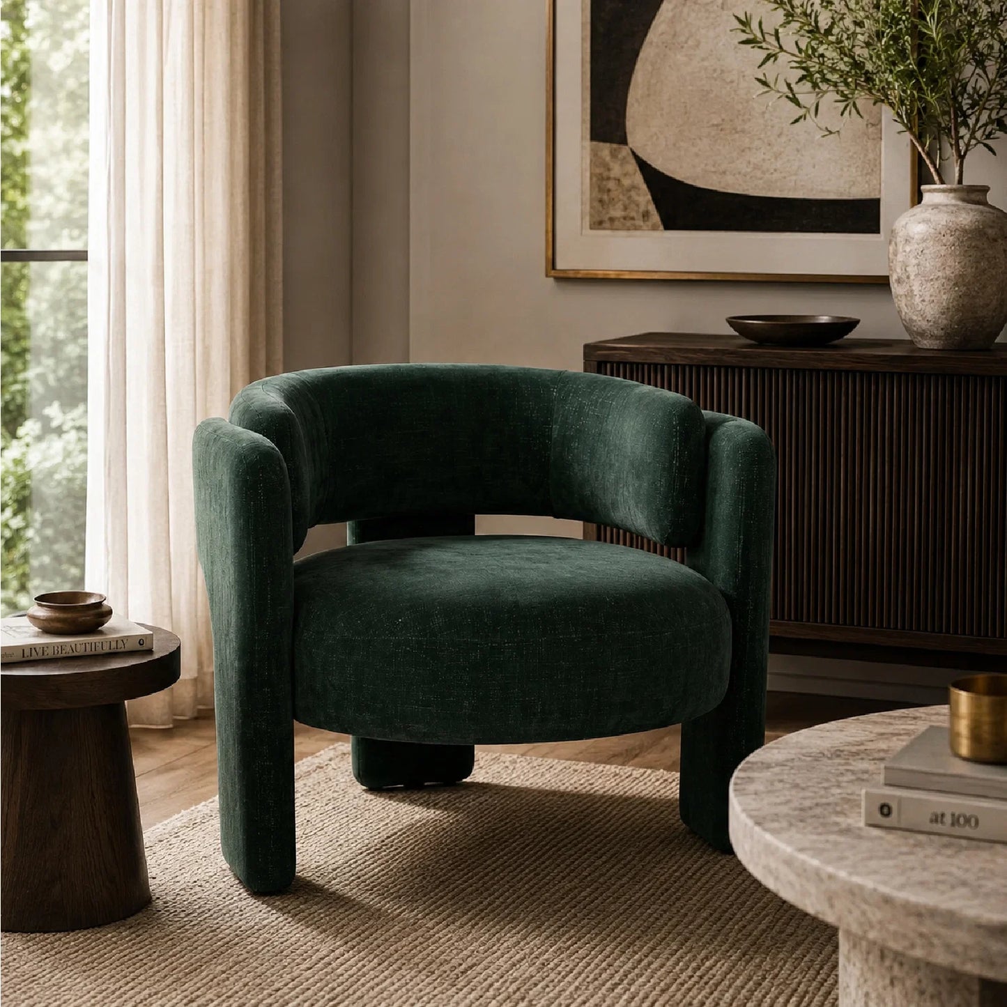 Luxury Green Textured Barrel Accent Chair European Style for Villa