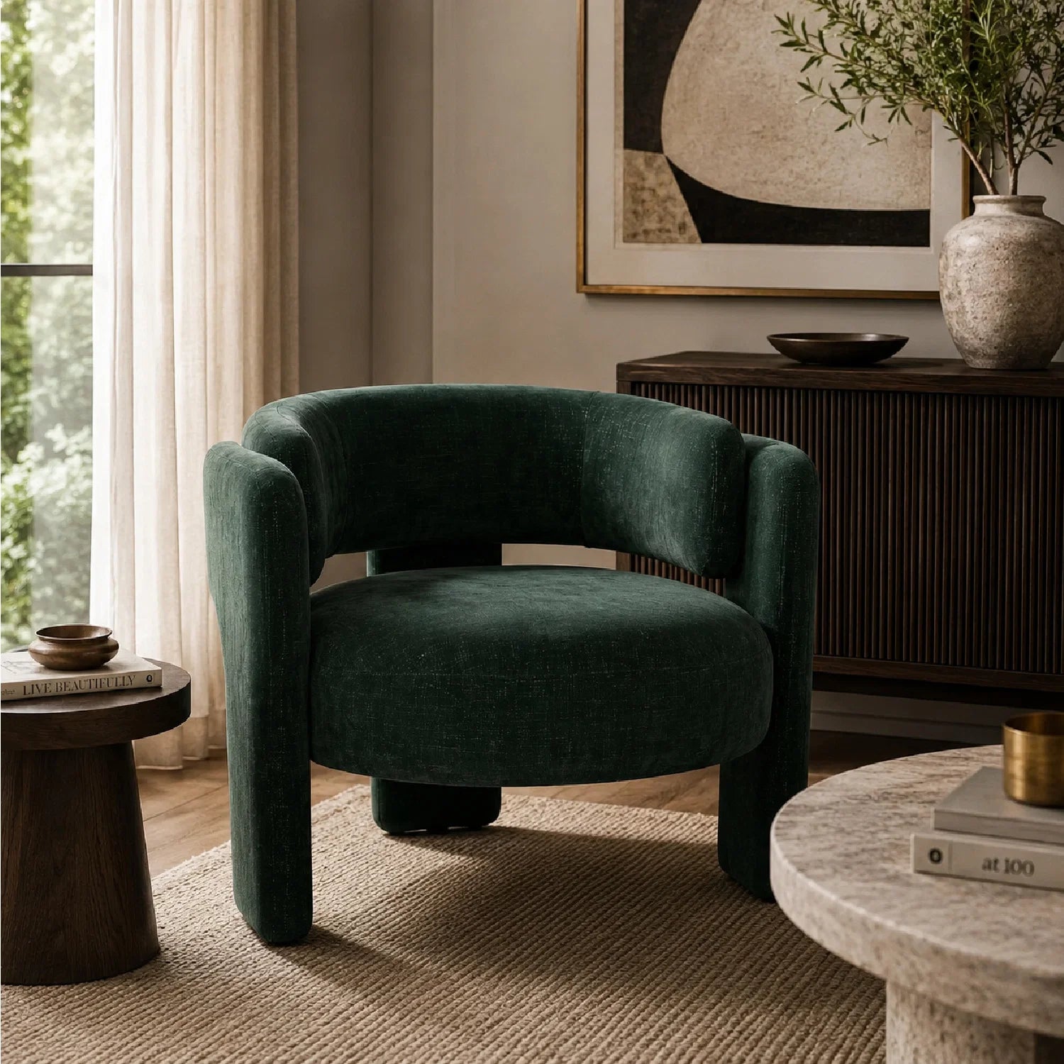 Luxury Green Textured Barrel Accent Chair European Style for Villa