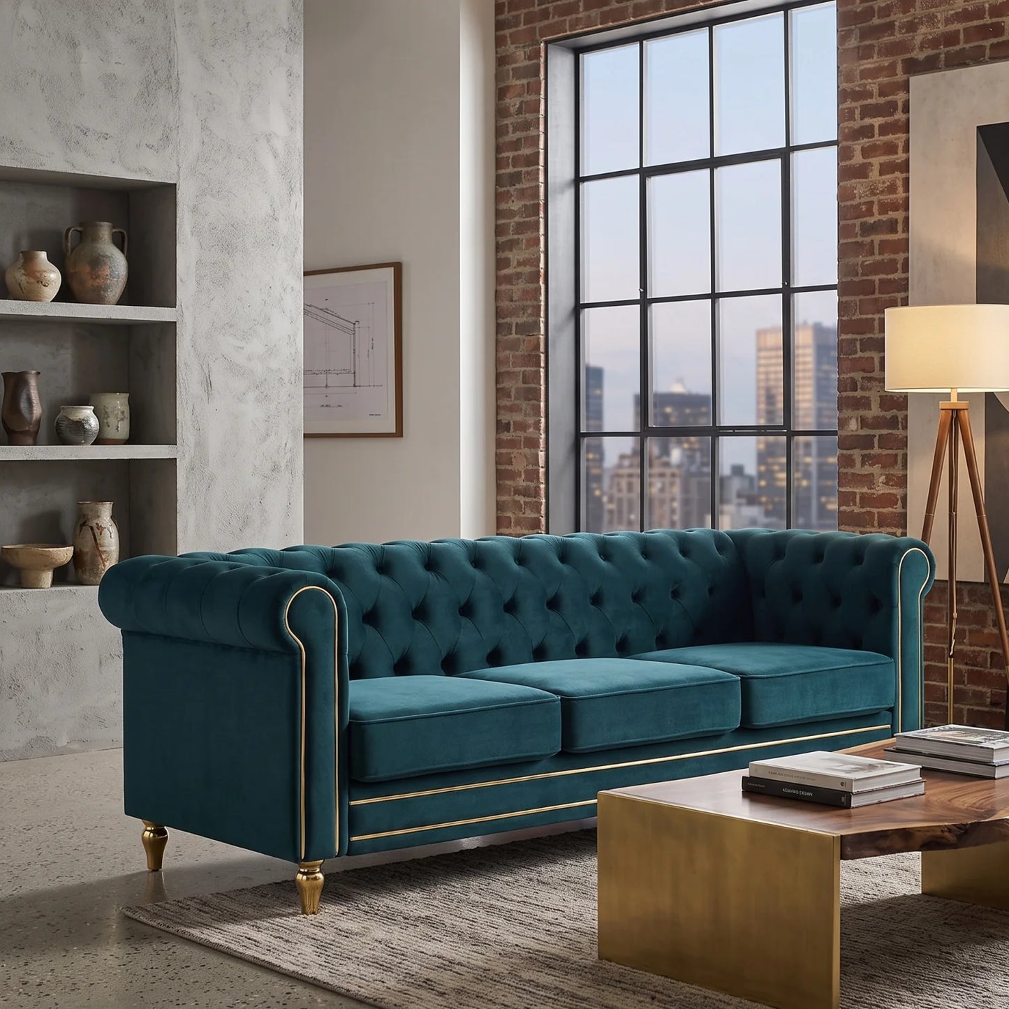 Luxury Green Velvet Chesterfield Sofa Modern Italian Style for Villa