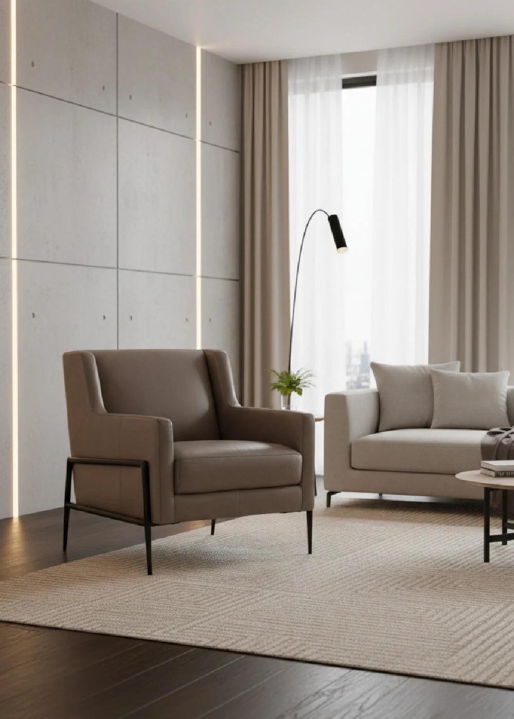 Luxury Grey Leather Lounge Chair Modern Italian Style for Villa