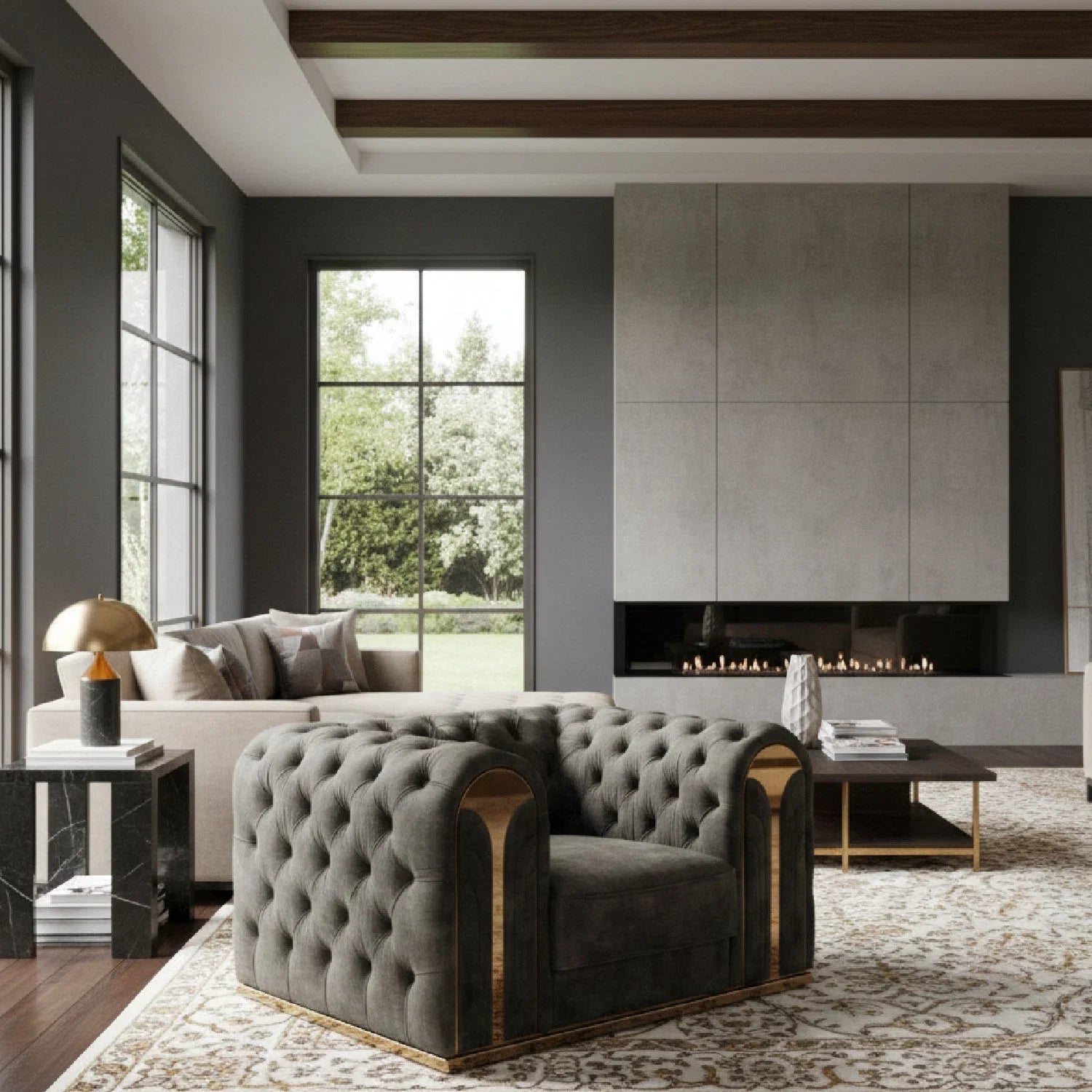 Luxury Grey Velvet Tufted Lounge Chair Modern Italian Style for Villa