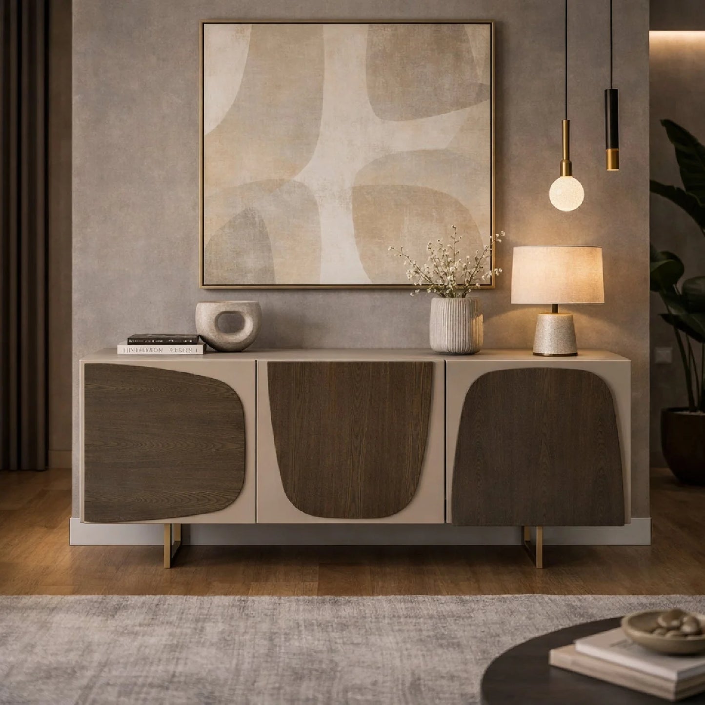 Luxury Grey Wooden 3-Door Sideboard European Style for Villa