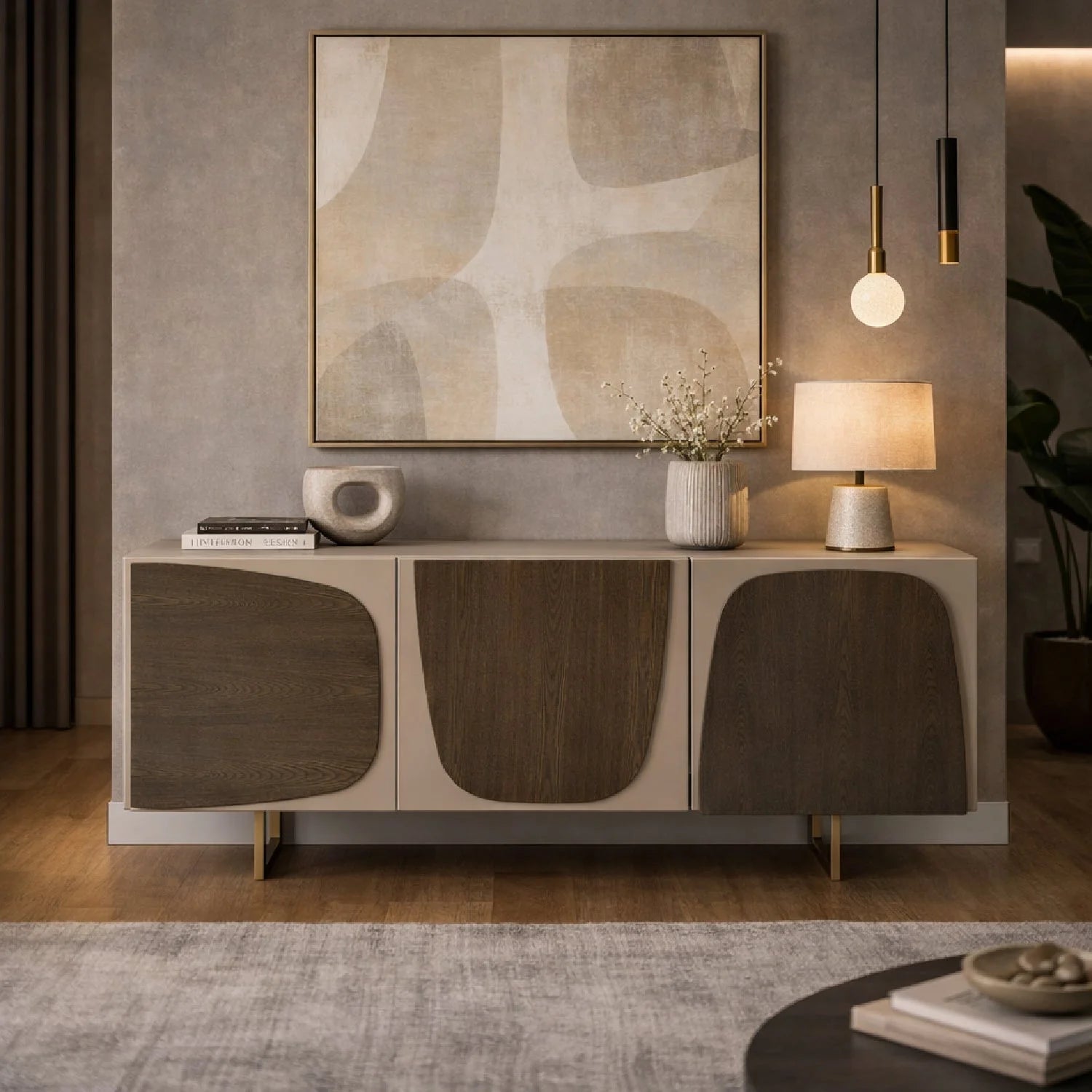 Luxury Grey Wooden 3-Door Sideboard European Style for Villa