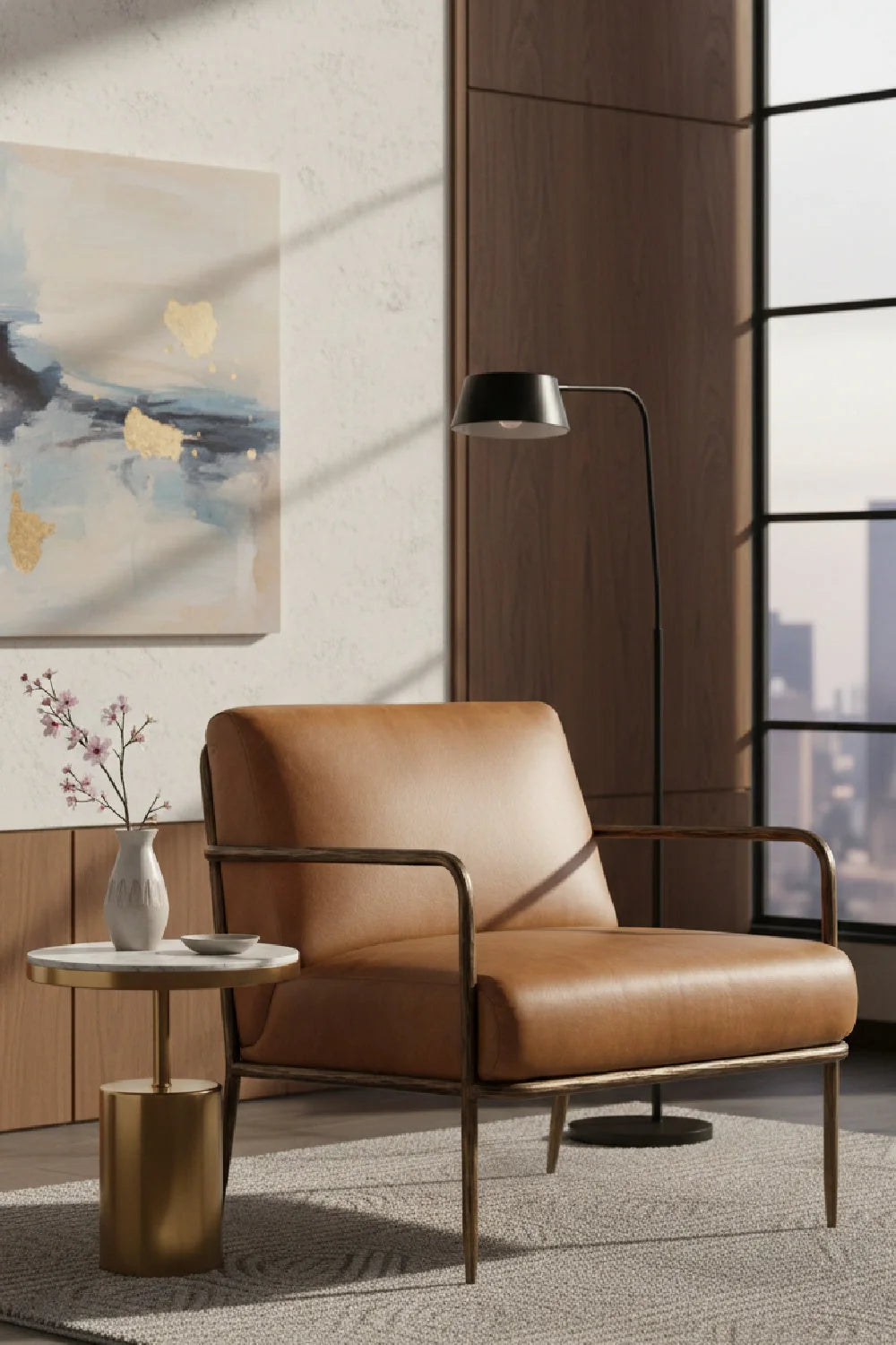 Luxury Hammered Brass Leather Lounge Chair European Style for Villa