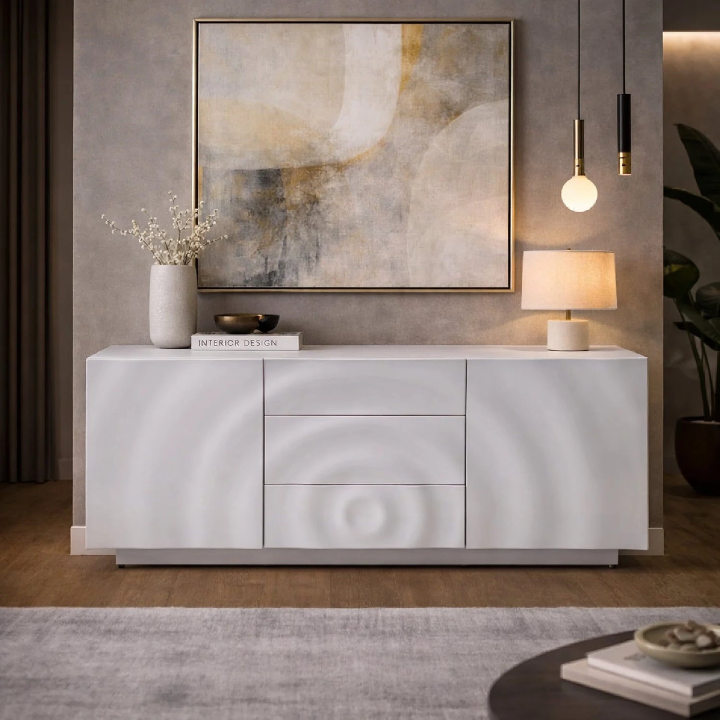 Luxury High Gloss White 4-Door Sideboard European Style for Villa