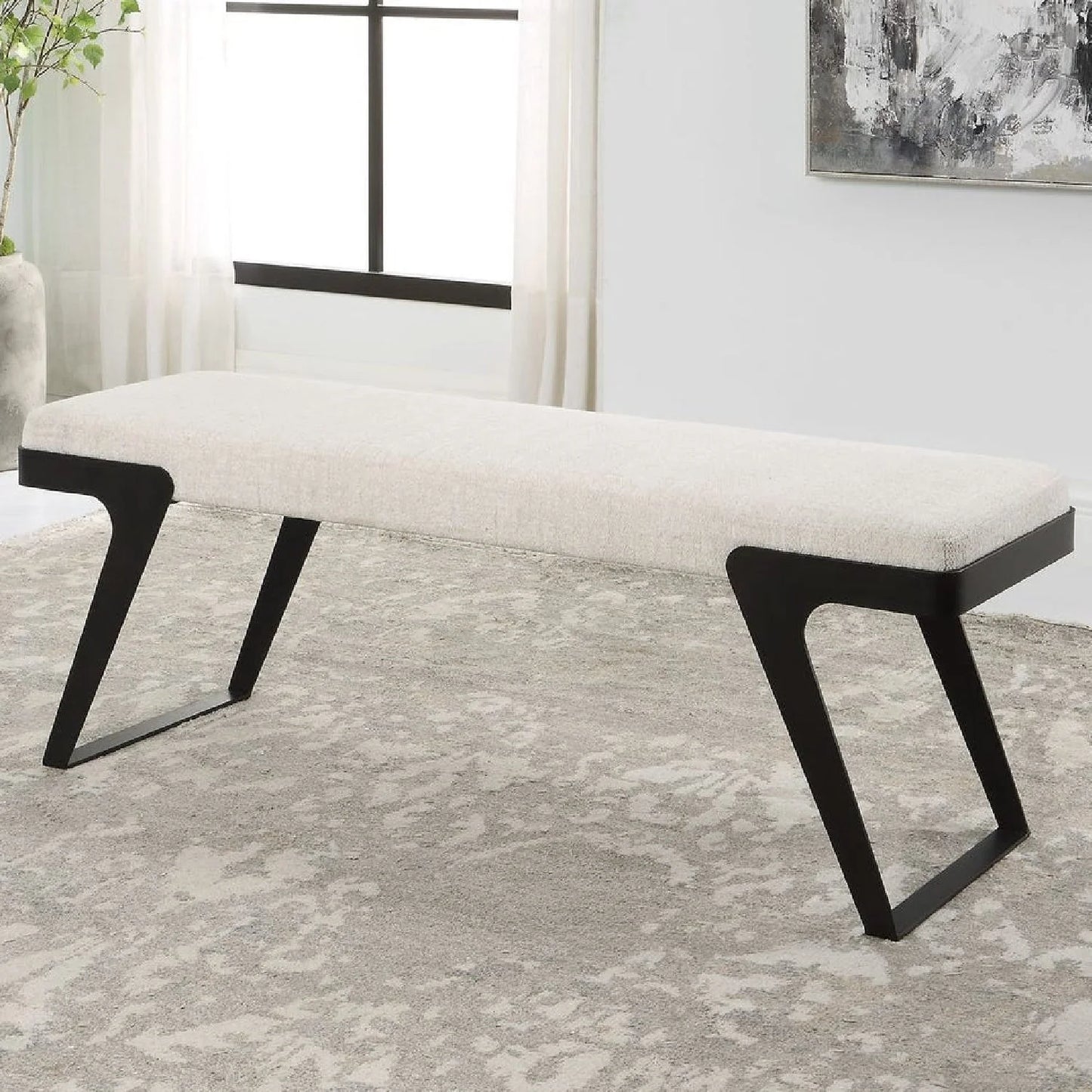 Luxury Ivory Chenille Boucle Bench European Style for Villa