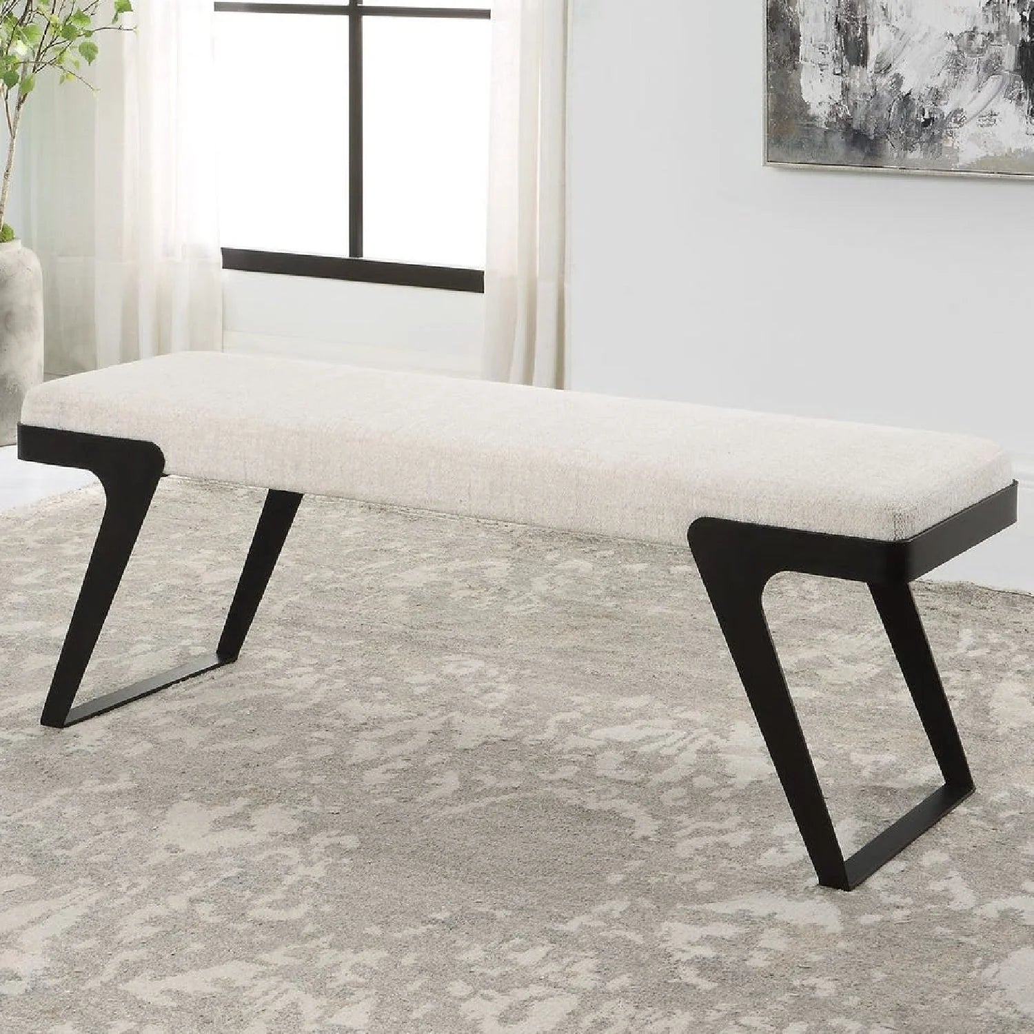 Luxury Ivory Chenille Boucle Bench European Style for Villa